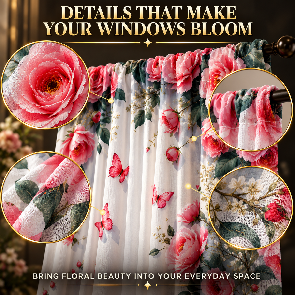 Floral Print Curtains | Romantic Rose Window Drapes | Bedroom Living Room Decor | Light Filtering Rod Pocket Panels