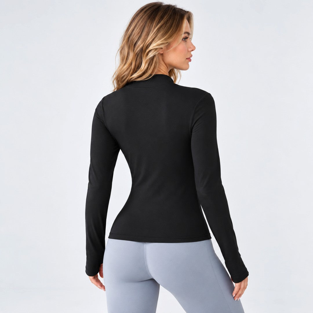 Women's Black Zip Up Yoga Jacket | Slim Fit Long Sleeve Workout Top | Fitted Pilates Jacket | Minimalist Athleisure Wear