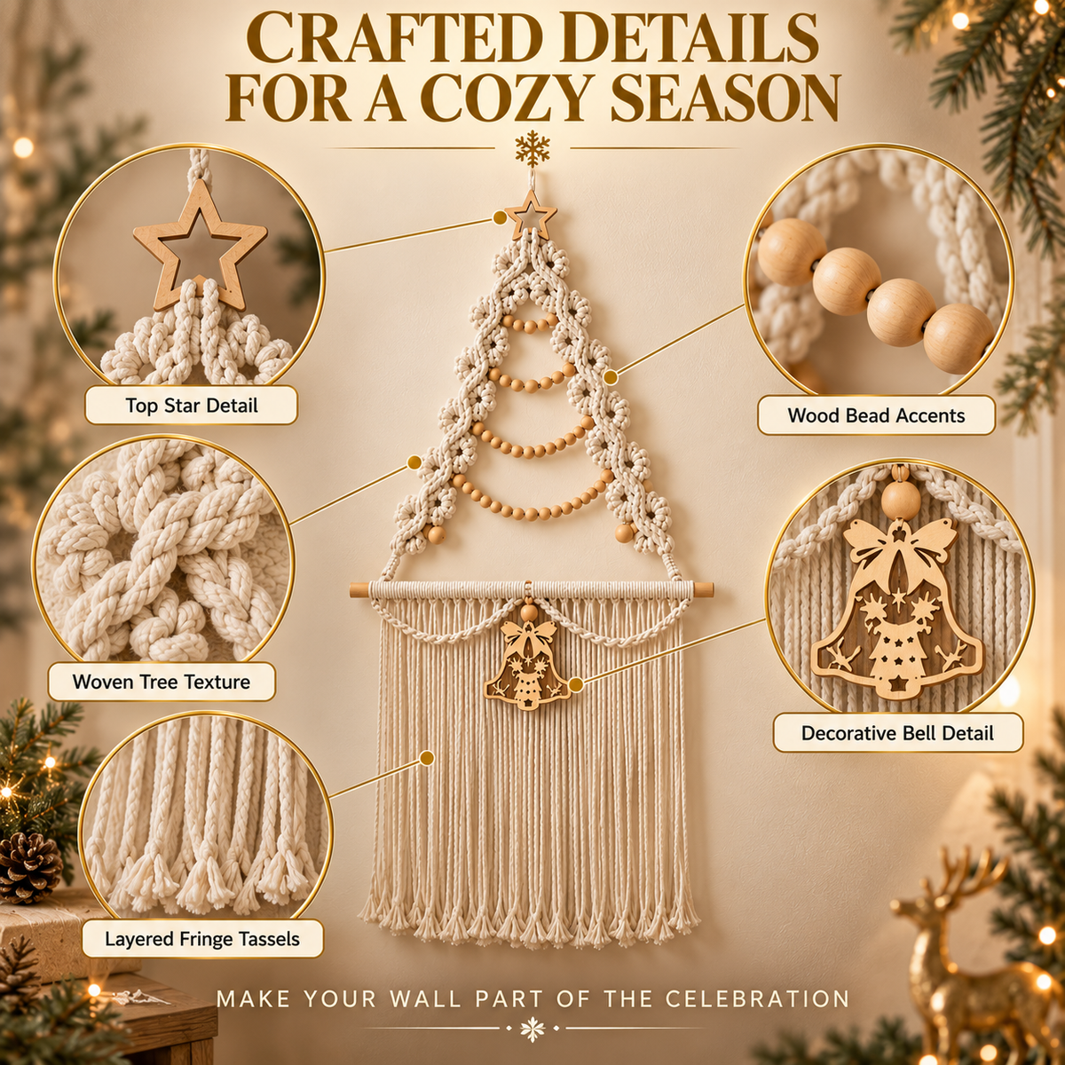 Christmas Tree Macrame Wall Hanging Woven Tapestry Holiday Decor Wood Beads Bell Bedroom Accent