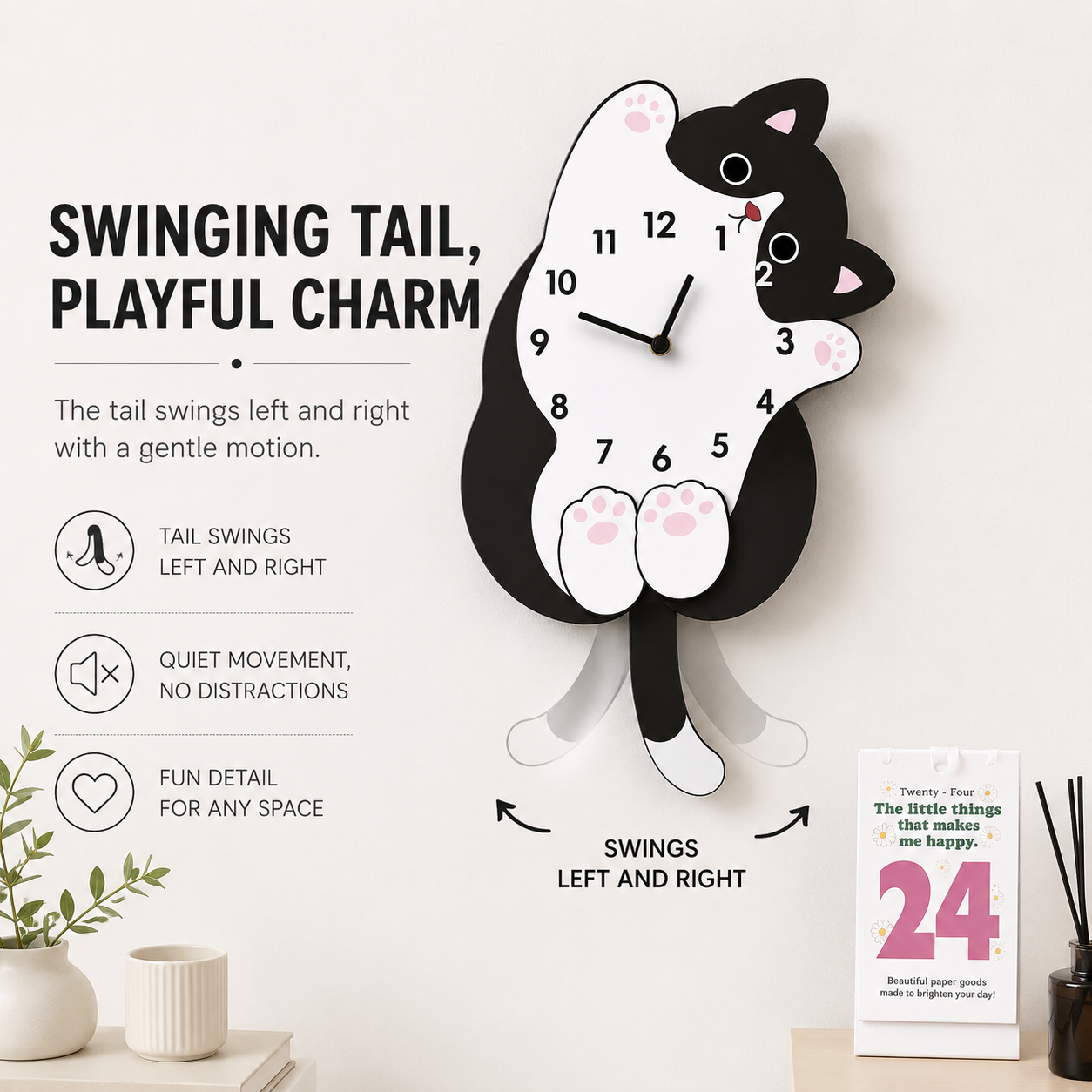 Cute Cat Tail Swaying Wall Clock | Cartoon Animal Wall Clock | Creative Hanging Home Decor | Living Room Bedroom Accent Clock