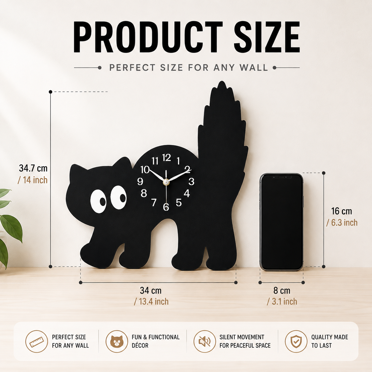 Cat Wall Clock | Playful Silent Quartz Clock | Whimsical Home Wall Decor | Living Room Bedroom Clock | Holiday Gift Decor