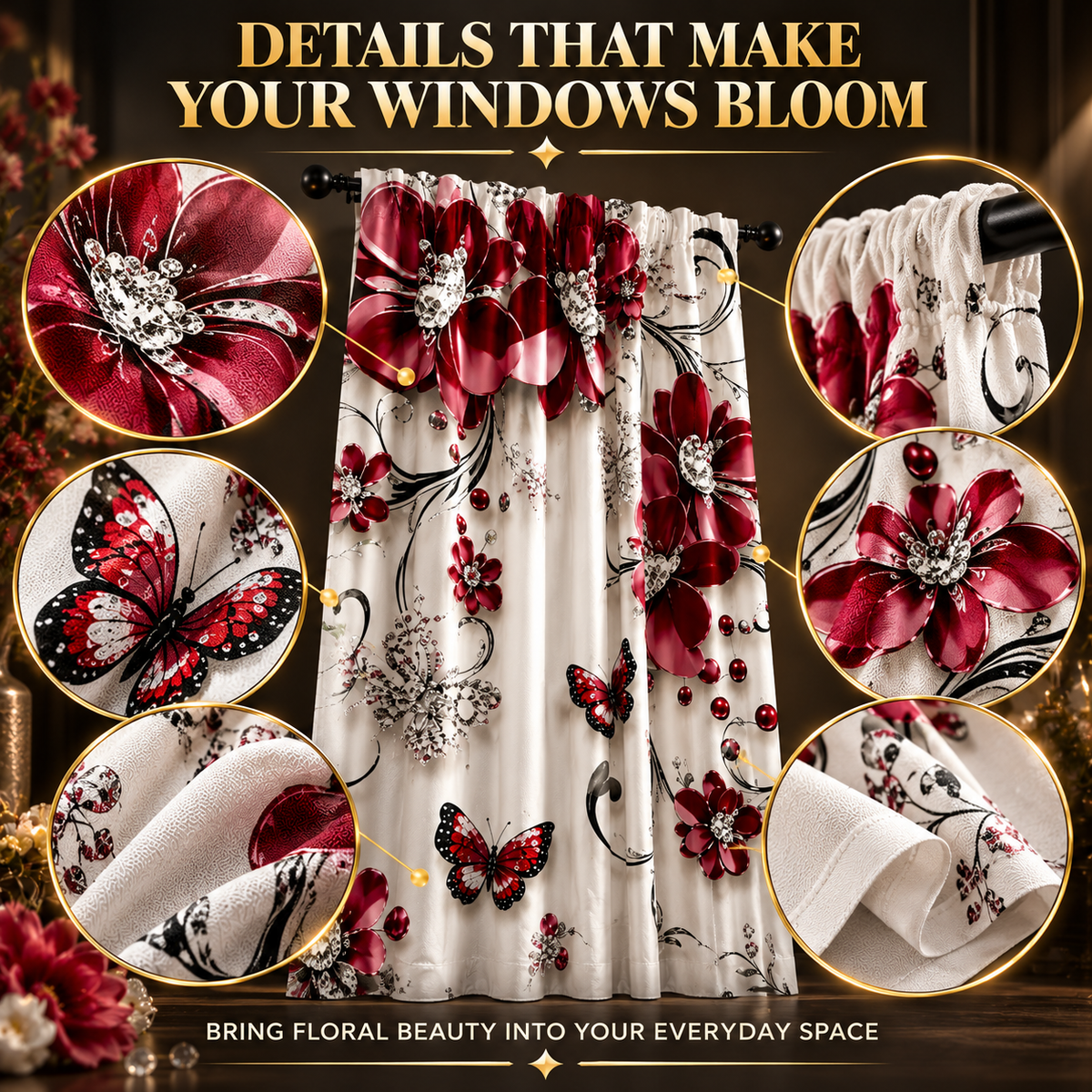 Floral Print Curtains | Rose Butterfly Window Drapes | Romantic Bedroom Living Room Decor | Sheer Rod Pocket Panels