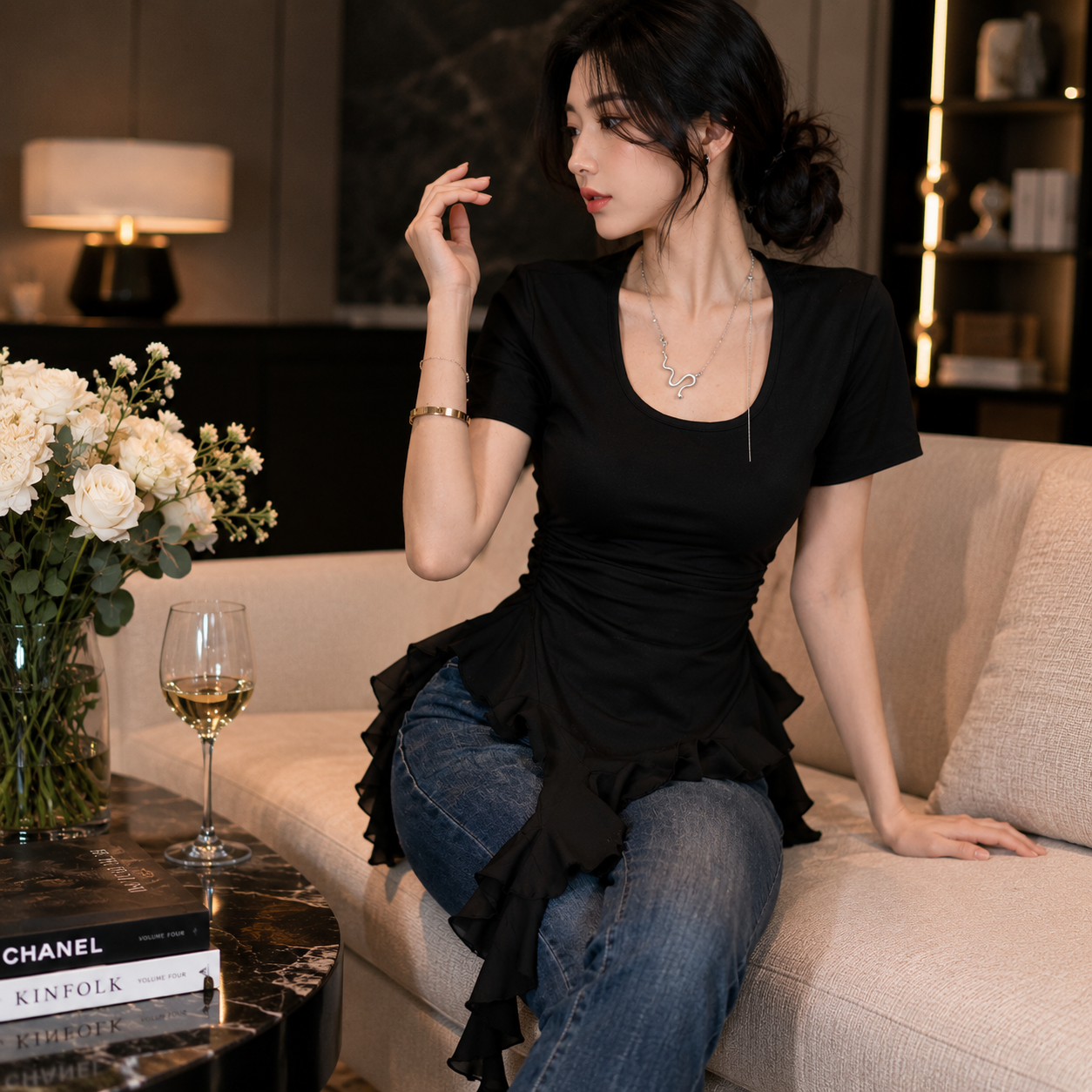 Ruffle Square Neck Top | Asymmetric Fitted Tee | Ruched Waist Shirt | Feminine Short Sleeve Blouse
