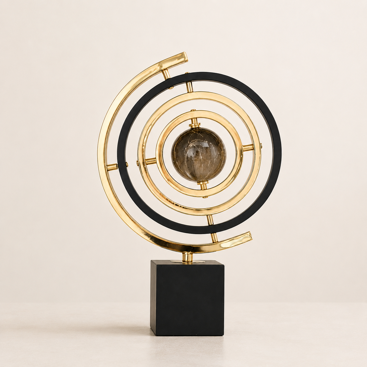 Metal Globe Sculpture Black Gold Orbital Decor Desk Shelf Office Living Room Statement Ornament