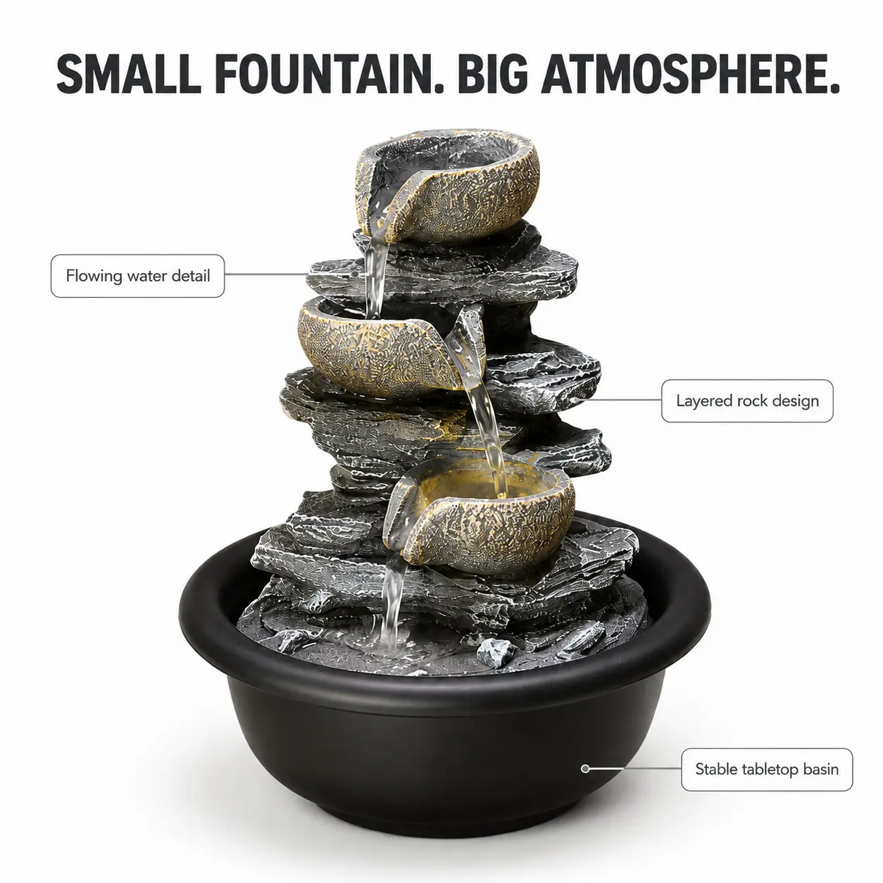 Tabletop Water Fountain Decor | Indoor Resin Rock Waterfall | Desk Shelf Office Accent | Relaxing Home Ornament Jumartins