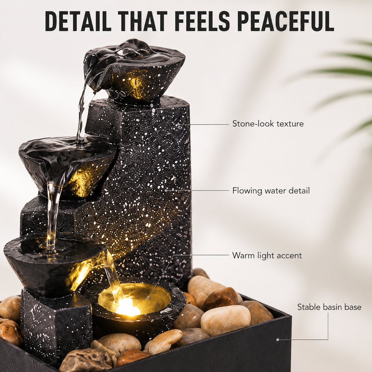 Tabletop Water Fountain Decor | Indoor Waterfall Ornament | Desk Shelf Accent | Soft Light Home Office Display