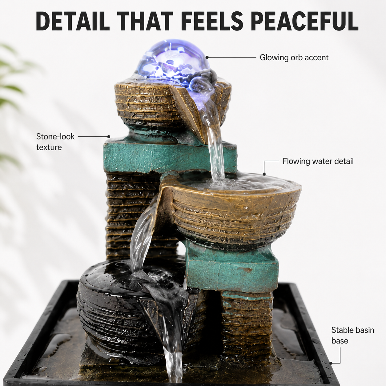 Tabletop Water Fountain Decor | Indoor Waterfall Ornament | Desk Shelf Accent | Glowing Home Office Display