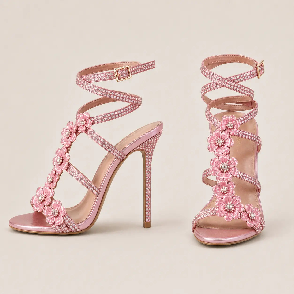 Pink Rhinestone Flower Stiletto Sandals | Wrap Strap Heels | Open Toe Party Shoes | Floral Dress Sandals | Sparkle Event Heels Jumartins