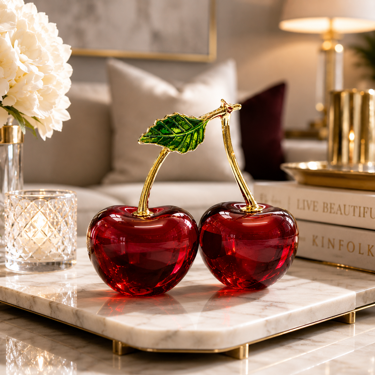 Luxury Crystal Cherry Ornament | Modern Home Decor Sculpture | Elegant Tabletop Gift