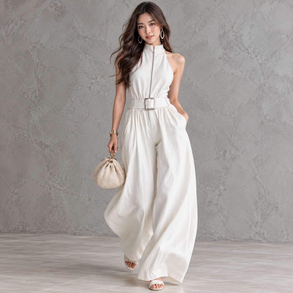 White Wide Leg Jumpsuit for Women, Sleeveless High Neck Zip Front Belted Jumpsuit, Elegant Loose Fit Palazzo One Piece Outfit