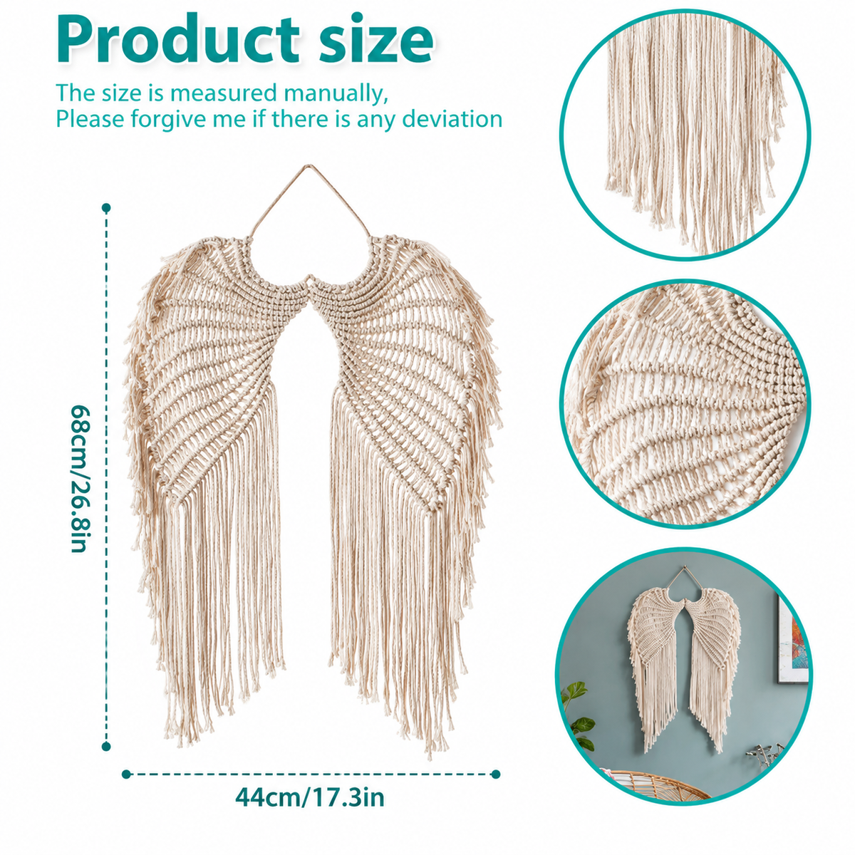 Angel Wing Macrame Wall Hanging | Hand Woven Boho Wall Decor | Cotton Rope Tapestry Art | Bedroom Living Room Home Accent