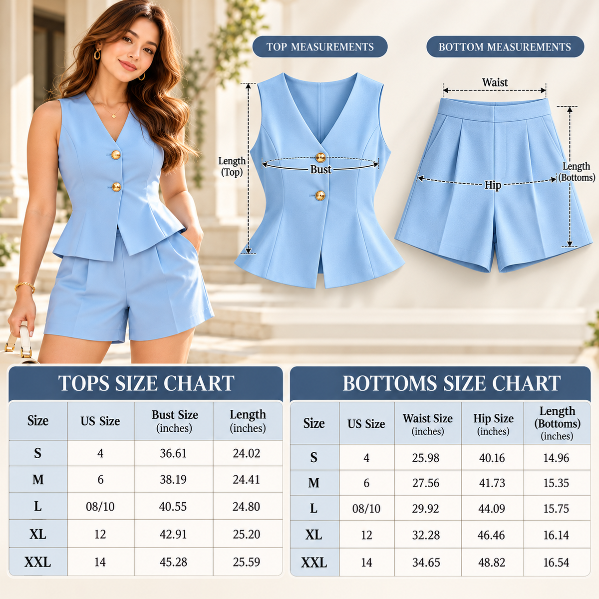 Women’s Blue Two Piece Set, Sleeveless V Neck Vest and High Waisted Shorts, Elegant Summer Matching Outfit, Chic Casual Co Ord Set