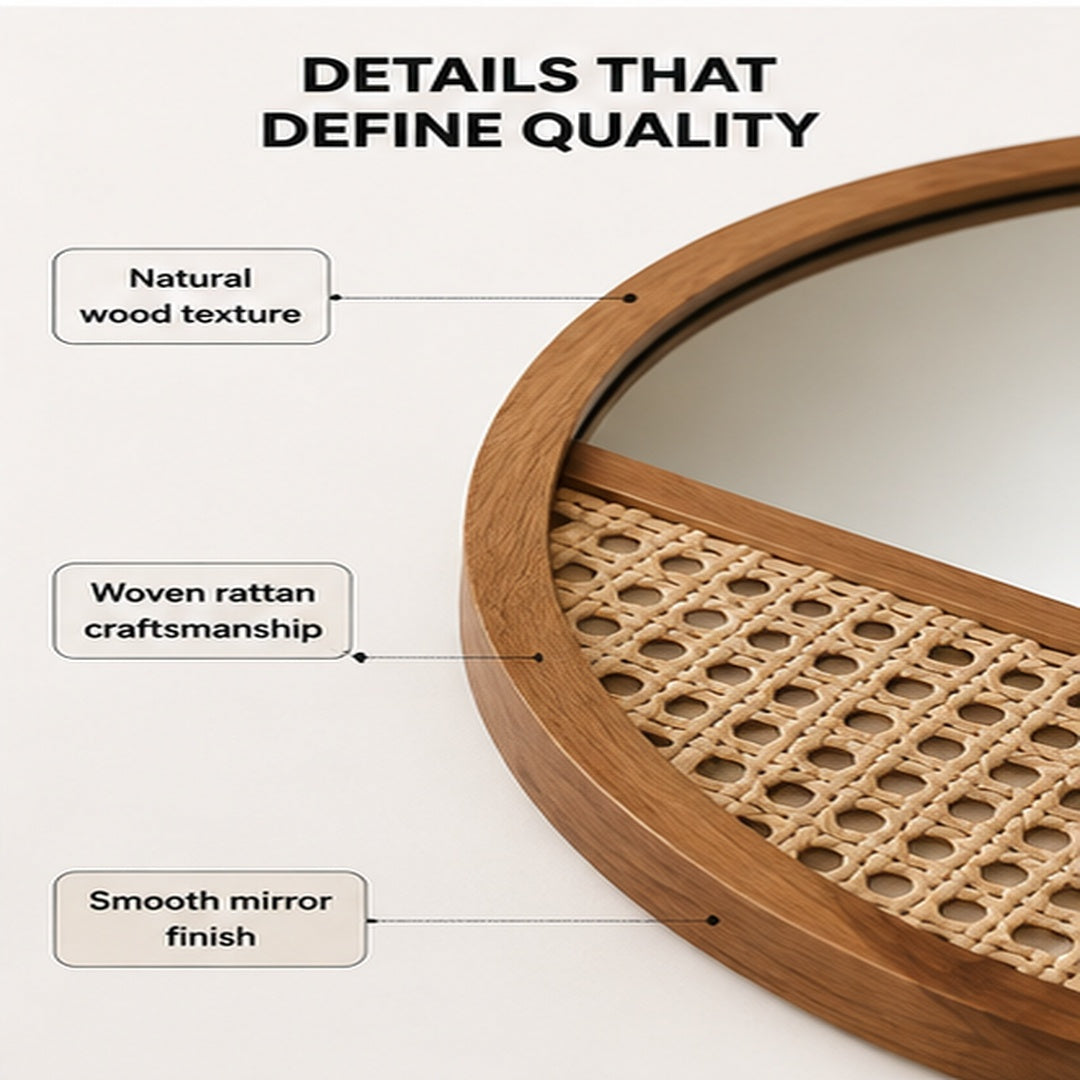 Solid Wood Rattan Wall Mirror | Round Boho Dressing Mirror | Natural Bedroom Bathroom Vanity Decor | Retro Home Accent