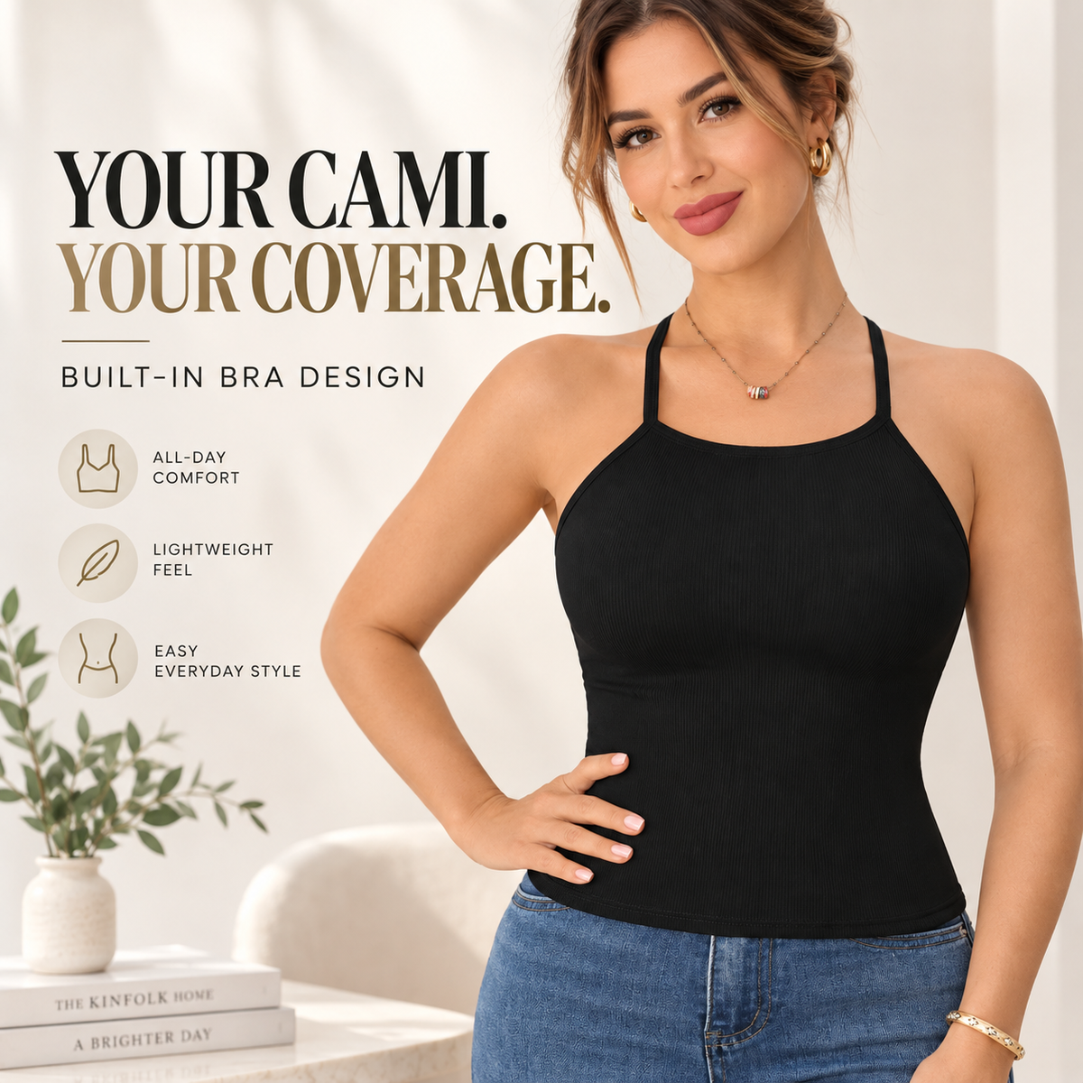 Built In Bra Camisole | Ribbed Tank Top | Wireless Sleeveless Vest | Casual Layering Shirt