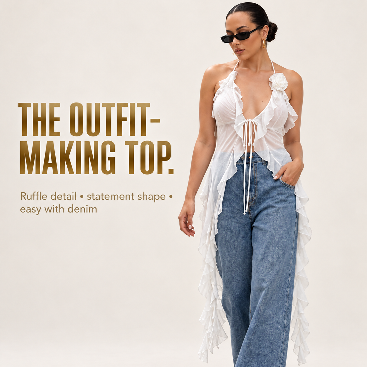 Ruffle Flower Halter Mesh Camisole for Women Deep V Neck Backless Tie Front Asymmetrical Summer Going Out Top