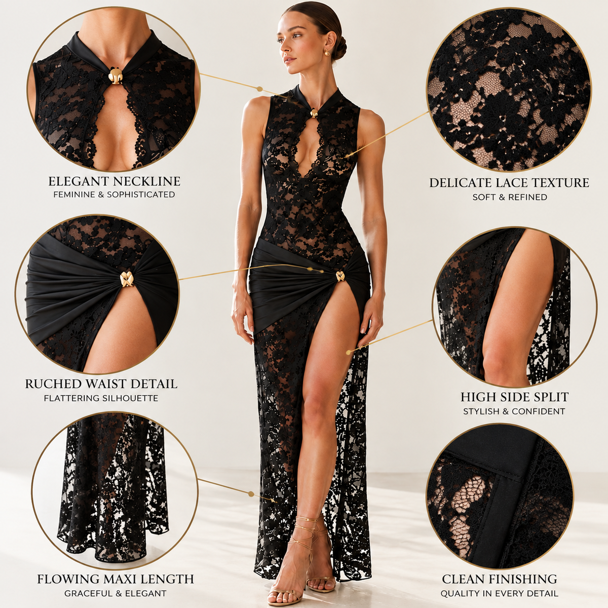 Women Black Lace Hollow Out Dress | Sleeveless High Split Evening Gown | Elegant Long Bodycon Party Dress