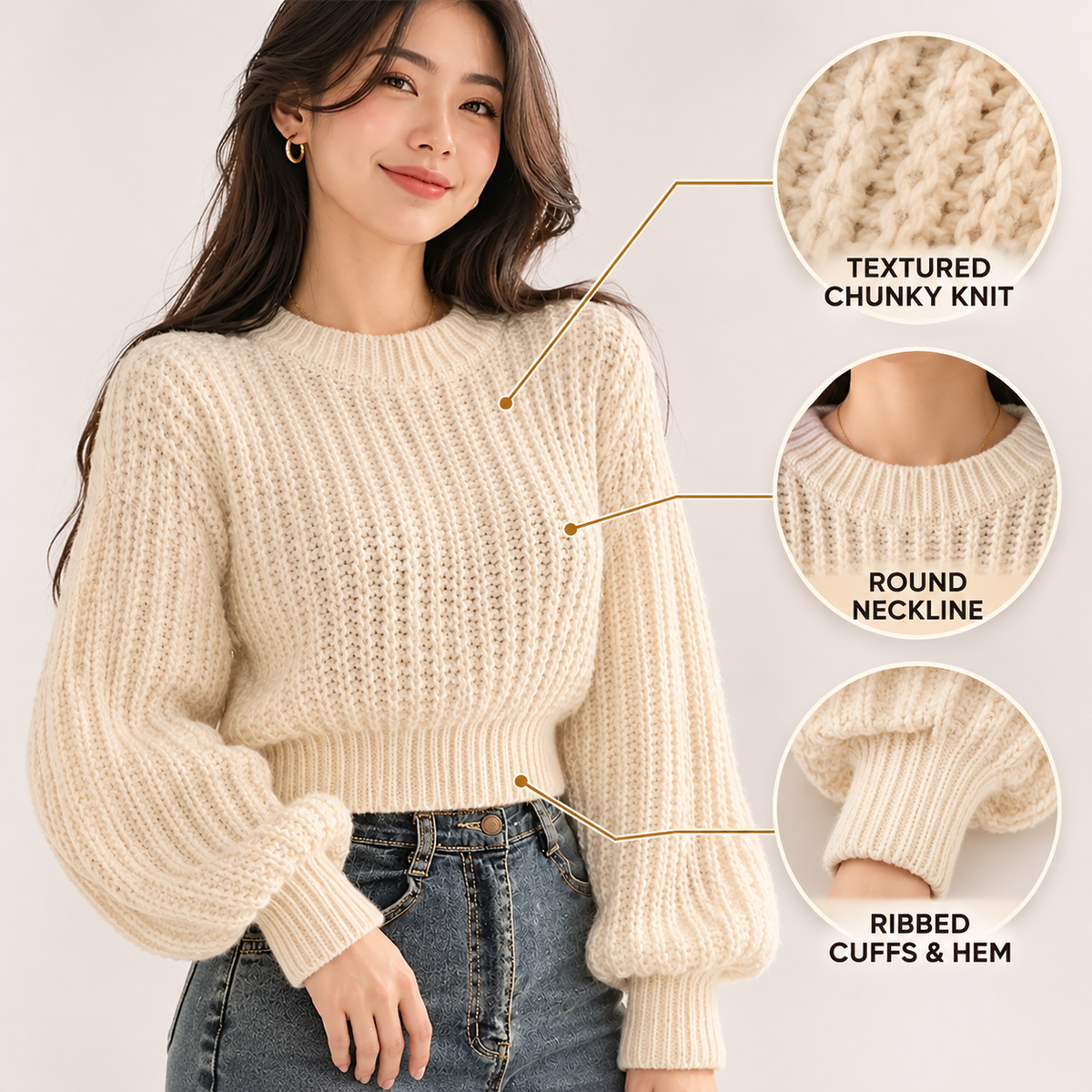 Chunky Knit Cropped Sweater | Womens Lantern Sleeve Pullover Cozy Textured Casual Fall Top