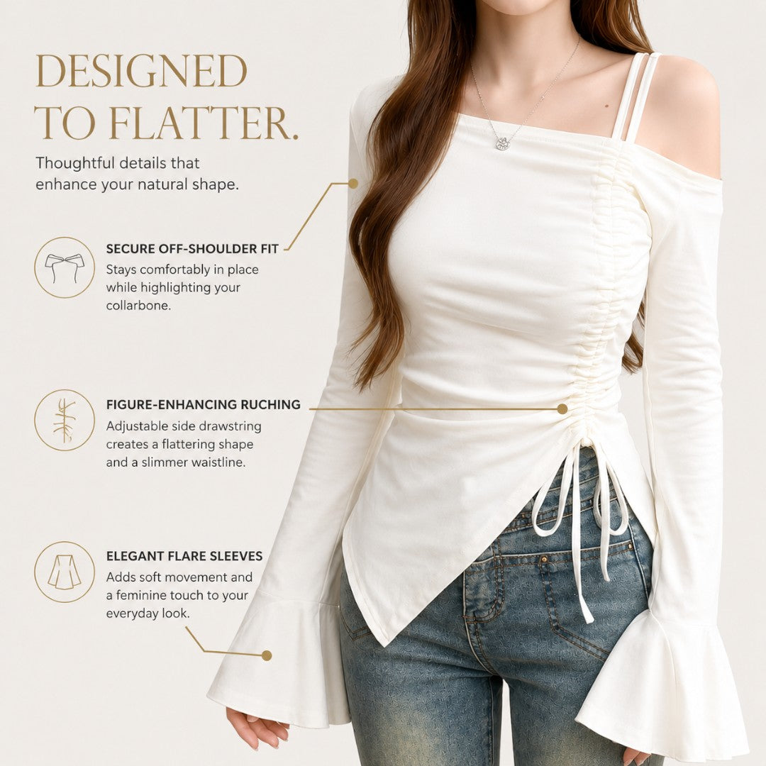 Women's Off Shoulder Drawstring Top Long Sleeve Flare Sleeve Tee | Ruched Waist Slim Fit Blouse | Elegant Date Night Shirt