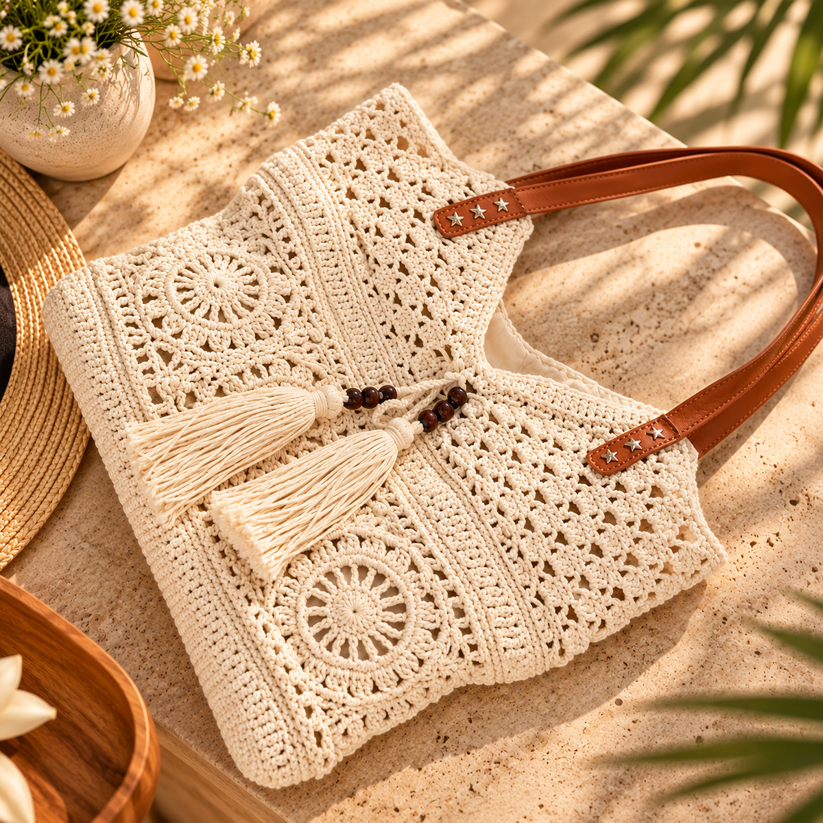 Boho Crochet Tote Bag Large Shoulder Handbag | Woven Beach Purse with Tassels | Openwork Everyday Carryall for Summer Outings
