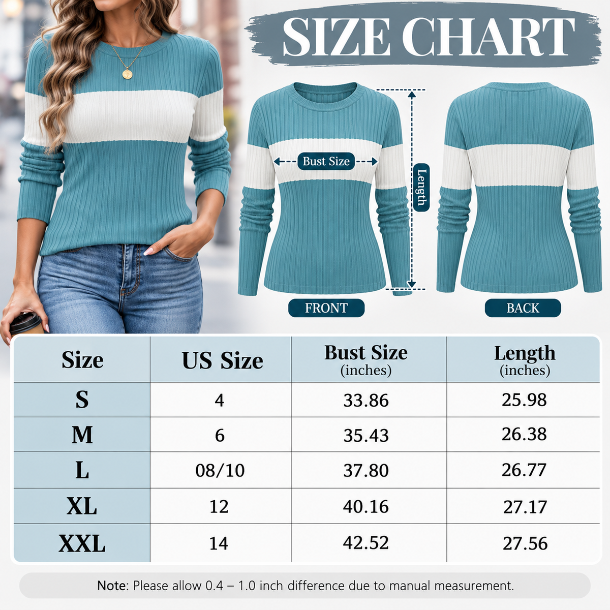 Women's Ribbed Colorblock Sweater, Striped Long Sleeve Knit Top, Casual Crew Neck Pullover, Chic Everyday Women's Clothing