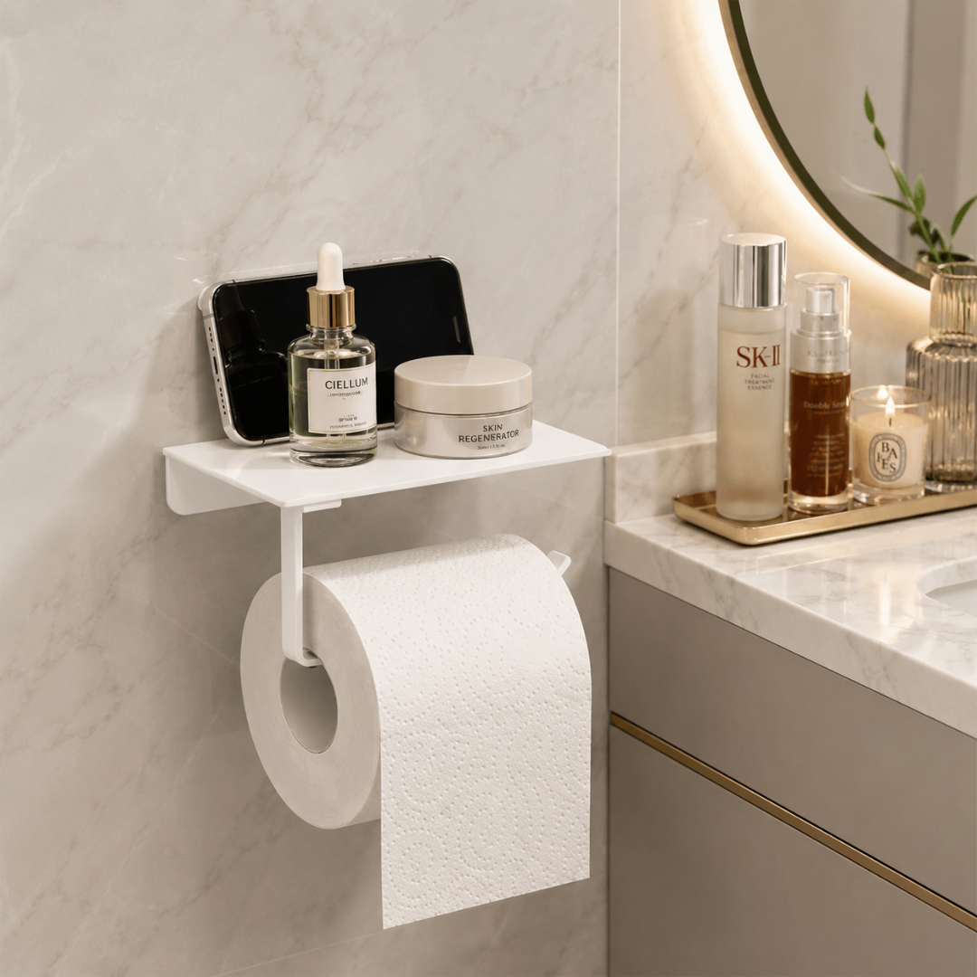 No Drill Toilet Paper Holder, Wall Mounted Shelf Organizer, Space Saving Holder