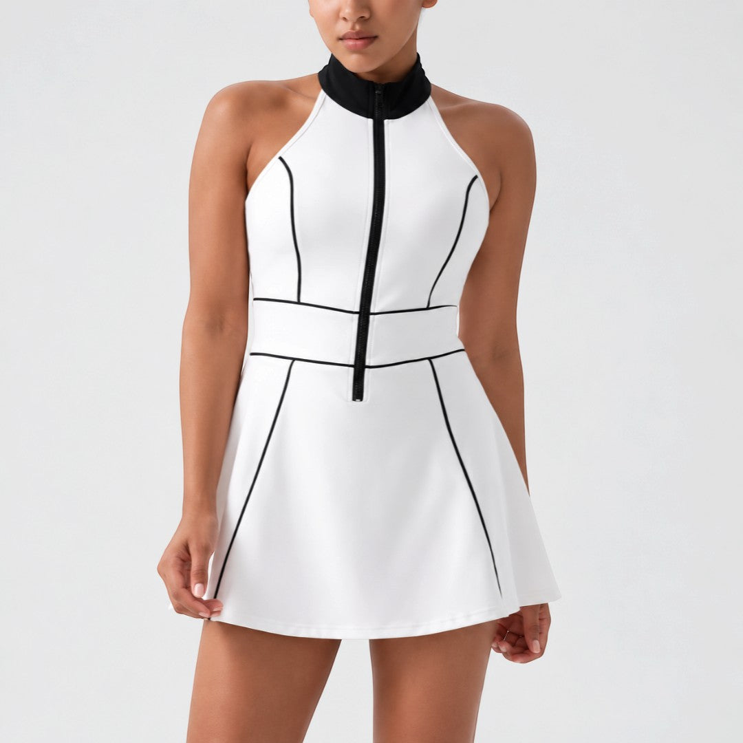 Tennis Dress With Shorts | Sleeveless Athletic Outfit | Contrast Trim Zipper Stand Collar | Workout Gym Yoga Clothing | Casual Court Style
