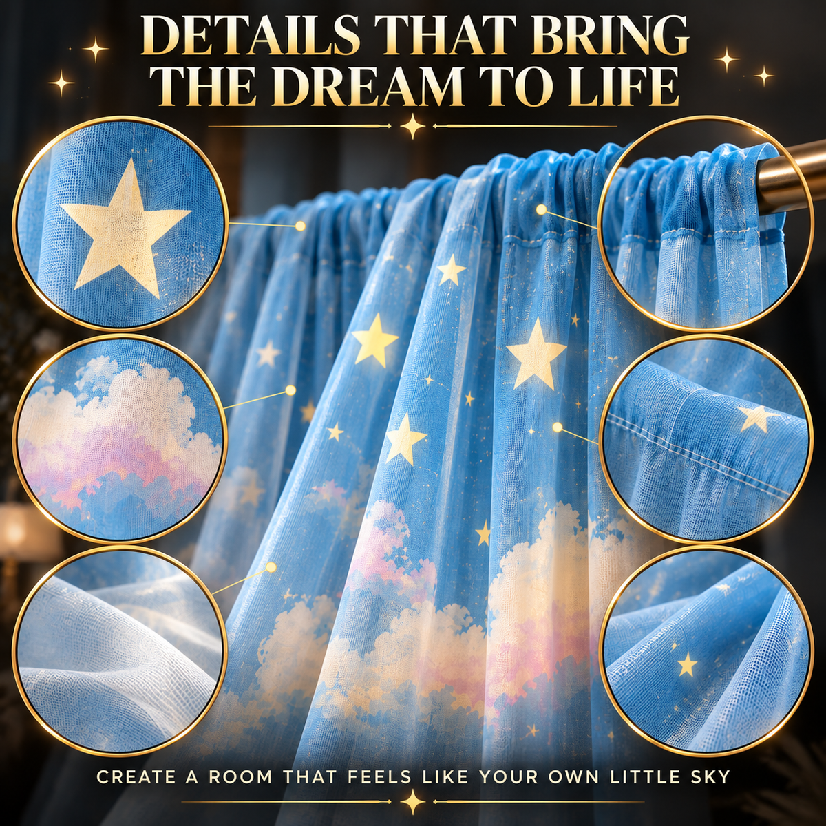 Star Cloud Sheer Curtains | Dreamy Bedroom Window Drapes | Celestial Room Decor | Rod Pocket Living Room Panels