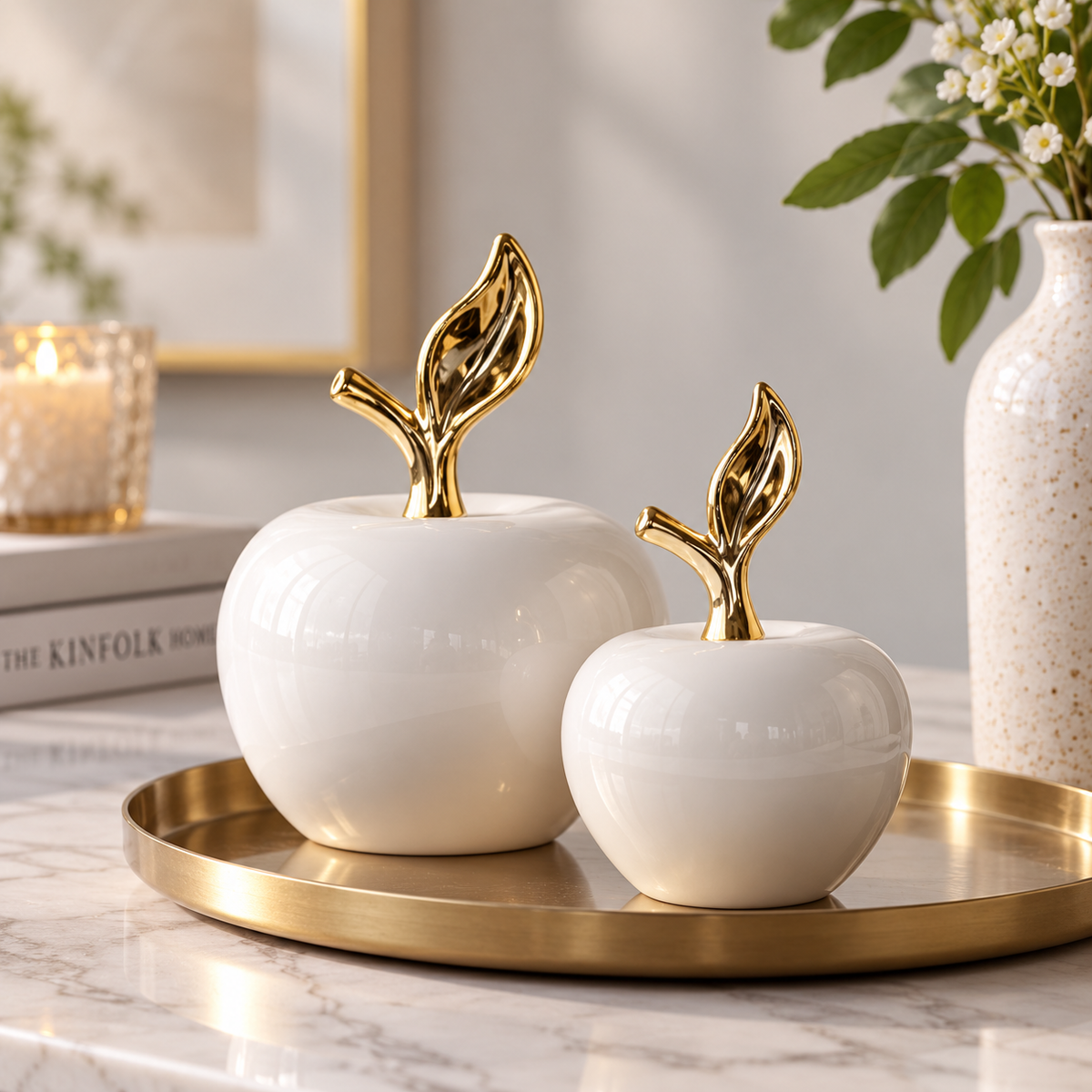 Glossy Apple Ornament with Gold Leaf | Ceramic Tabletop Accent | Modern Shelf Decor | Elegant Home Styling