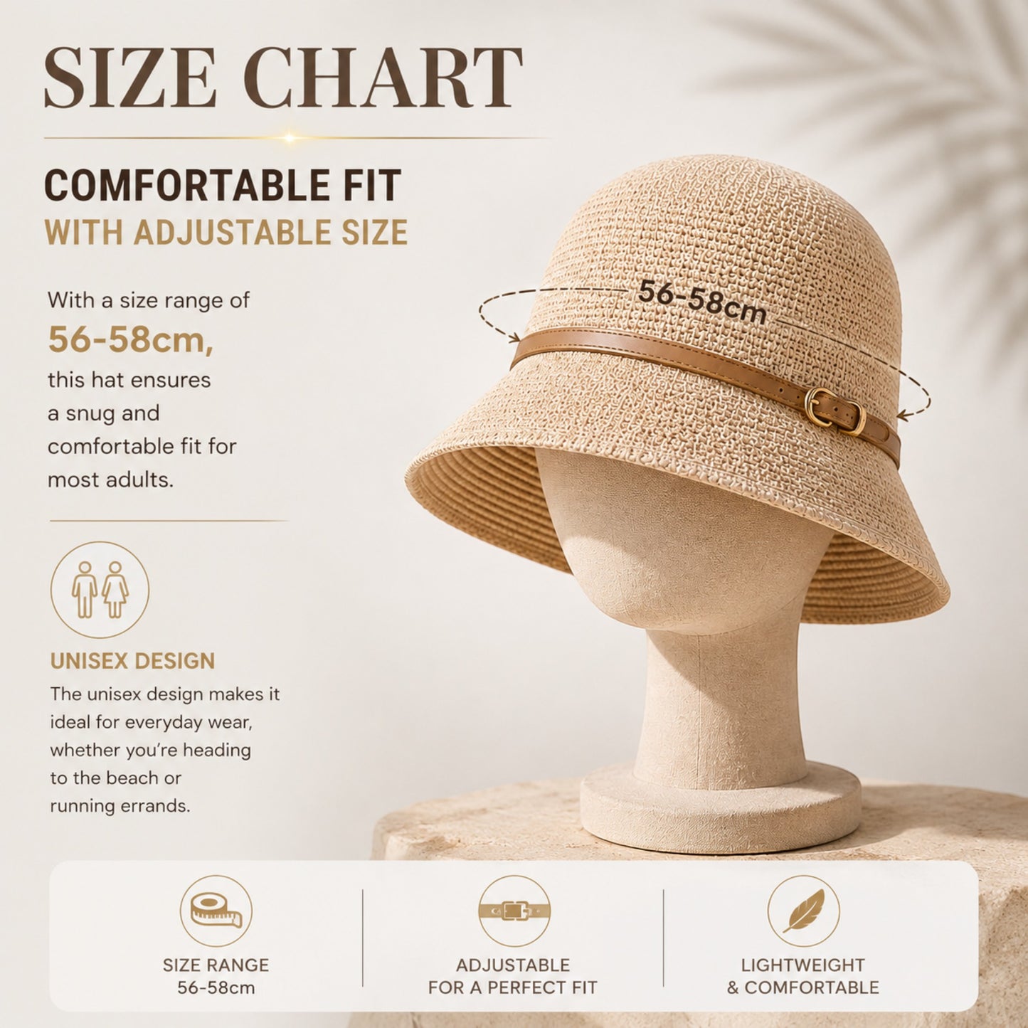 Women's Woven Straw Bucket Sun Hat with Adjustable Buckle Band, Lightweight Wide Brim Vacation Beach Travel Hat