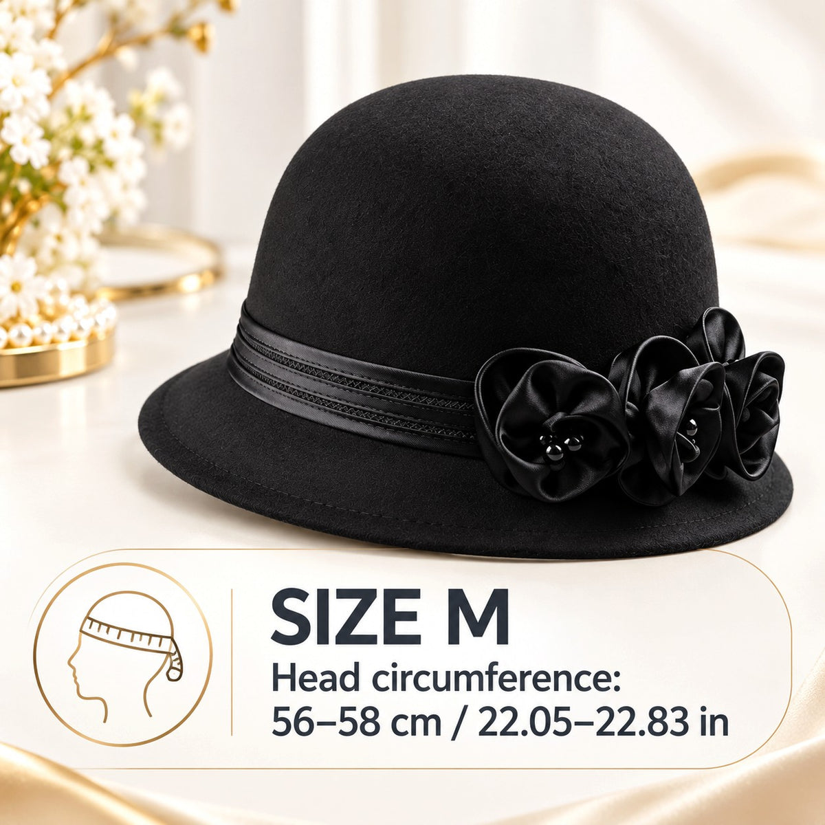 Women's Wool Church Hat with Satin Rose Blossoms & Pearl Details | Elegant Autumn Winter Formal Hat