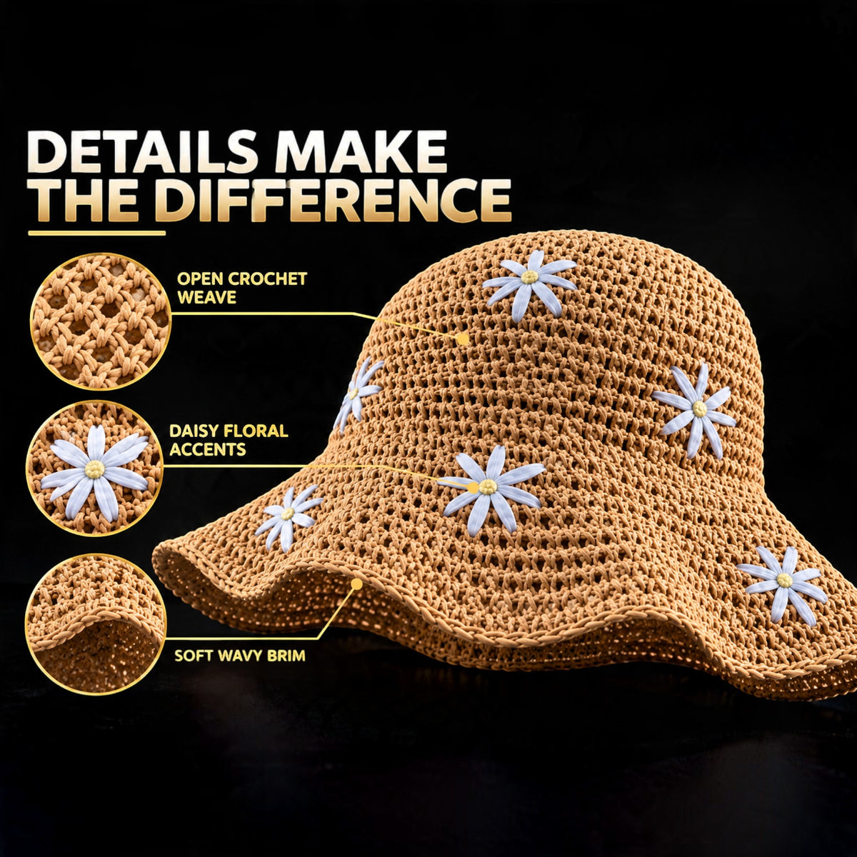 Women's Daisy Crochet Bucket Hat, Beige Straw-Style Summer Sun Hat with Floral Details, Cute Beach Vacation Hat