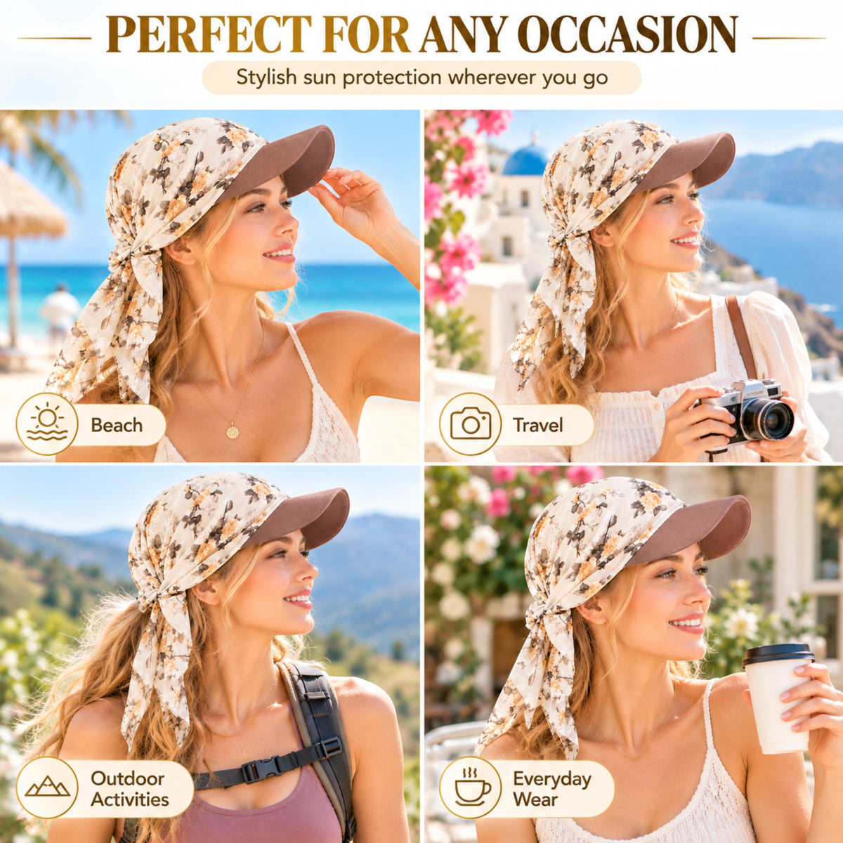 Women's Floral Print Pre-Tied Headscarf Sun Visor Hat, Lightweight Chiffon Baseball Cap with Long Scarf Tails, Chemo Head Cover