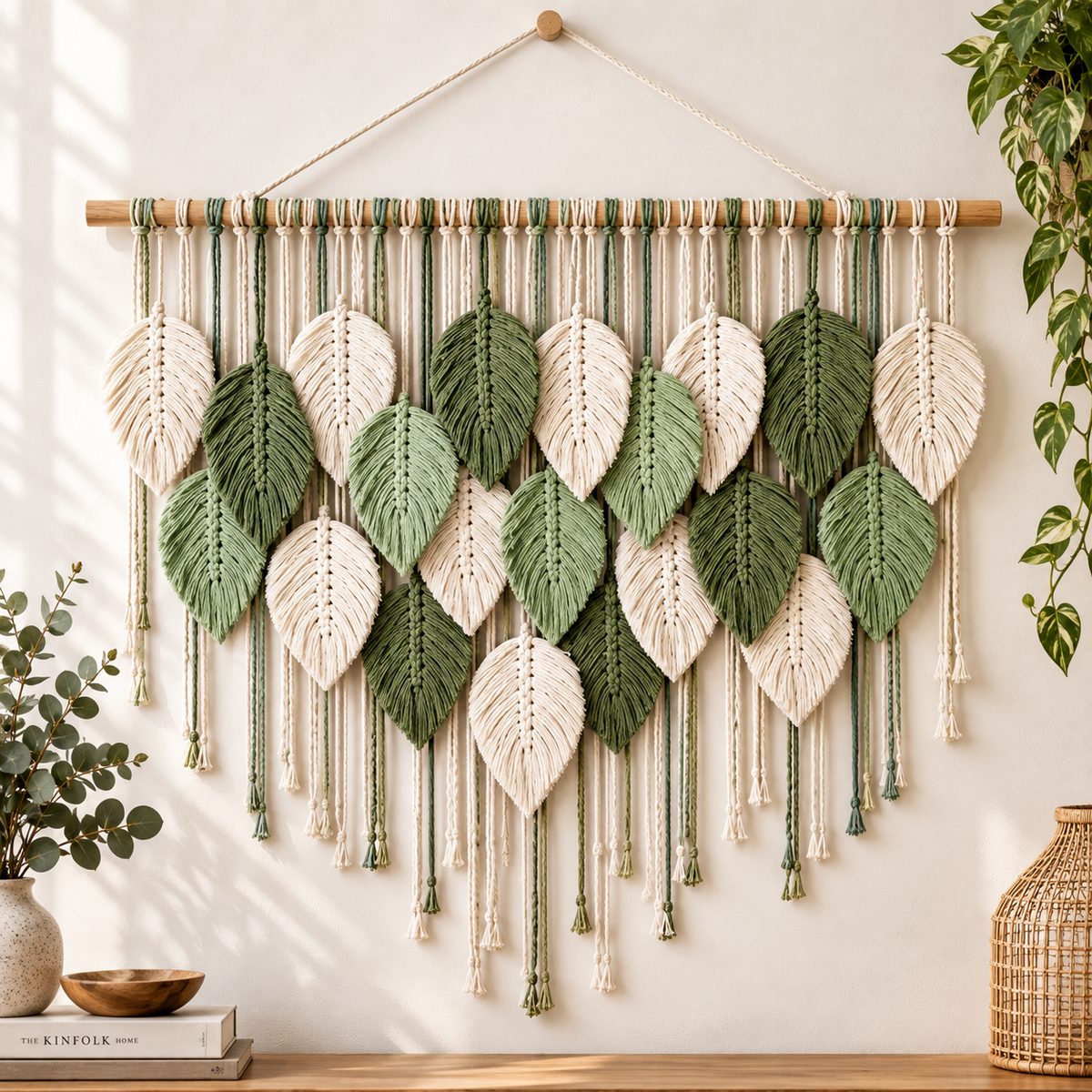 Boho Leaf Macrame Wall Hanging | Woven Feather Tapestry Decor | Textured Bedroom Living Room Wall Art | Natural Home Accent