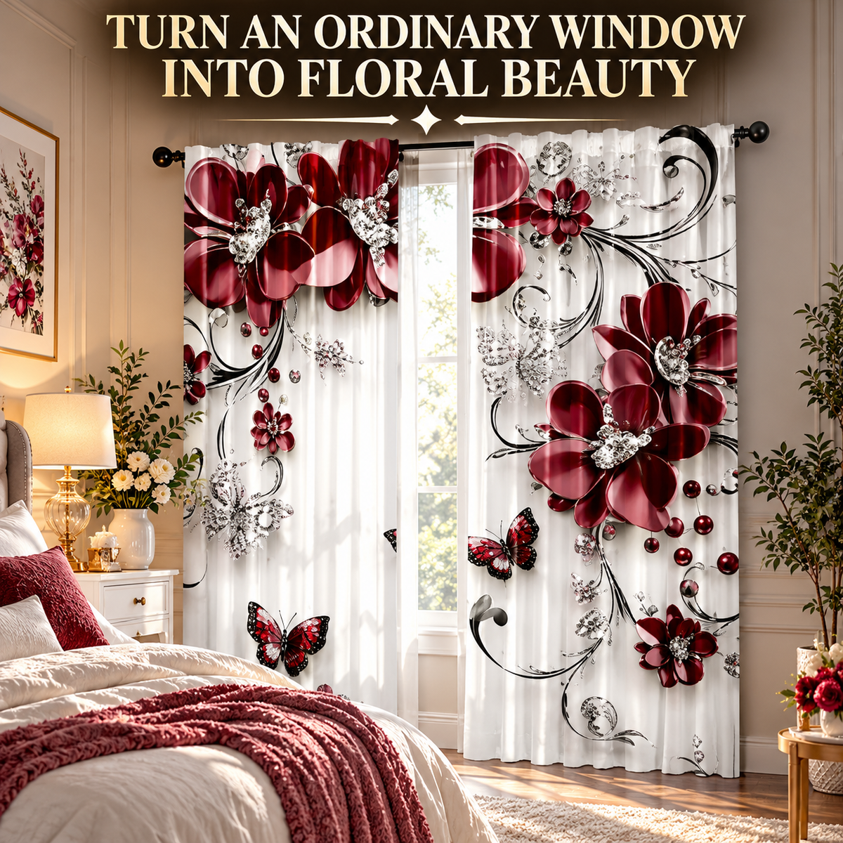 Floral Print Curtains | Rose Butterfly Window Drapes | Romantic Bedroom Living Room Decor | Sheer Rod Pocket Panels