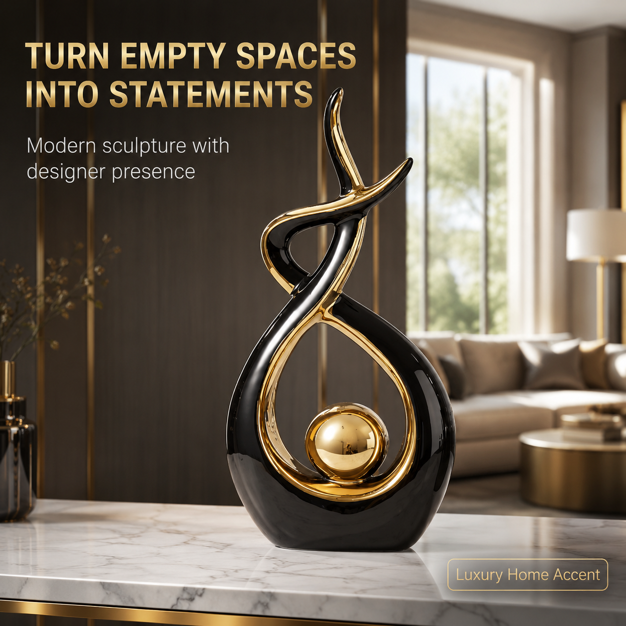 Modern Abstract Table Sculpture | Black Gold Decor Figurine | Luxury Shelf Accent for Living Room Desk Cabinet