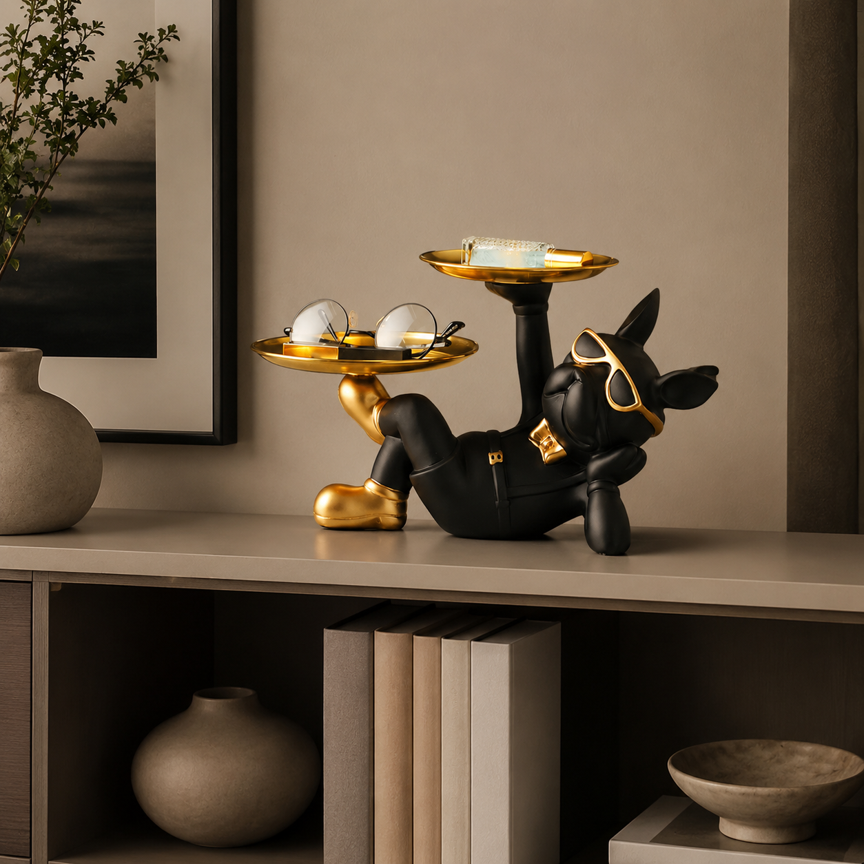 Dog Valet Tray Organizer | Black Puppy Decor Tray | Key Holder Statue | Watch Display Stand | Gift For Pet Lover Desk Decor