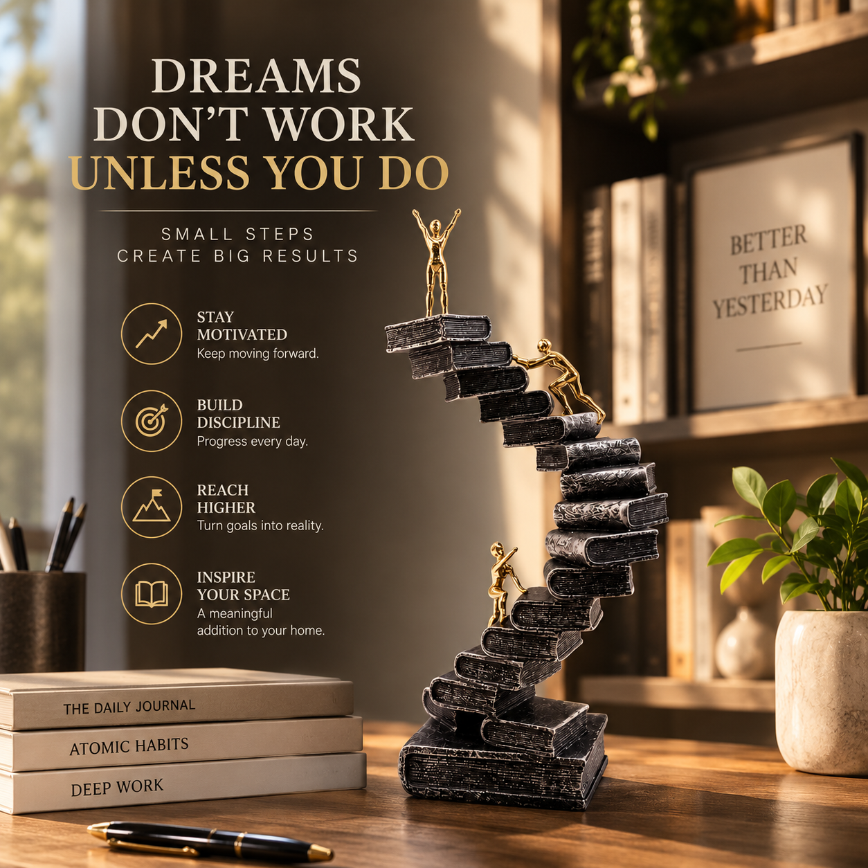 Climbing Book Staircase Sculpture | Gold Figure Office Decor | Inspirational Desk and Living Room Accent