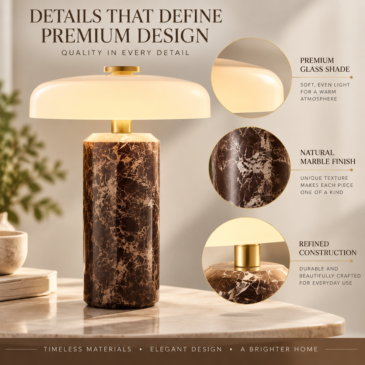 Rechargeable Marble Glass Table Lamp LED Desk Light Modern Home Decor Lighting For Living Room Bedroom Study