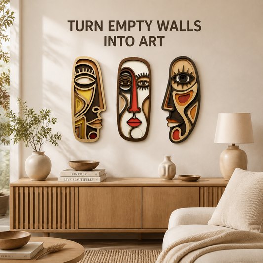 Abstract Face Wall Art Set | Minimalist Wooden Wall Decor | Bohemian Home Accent | Modern Room Decoration | Artistic Hanging Decor