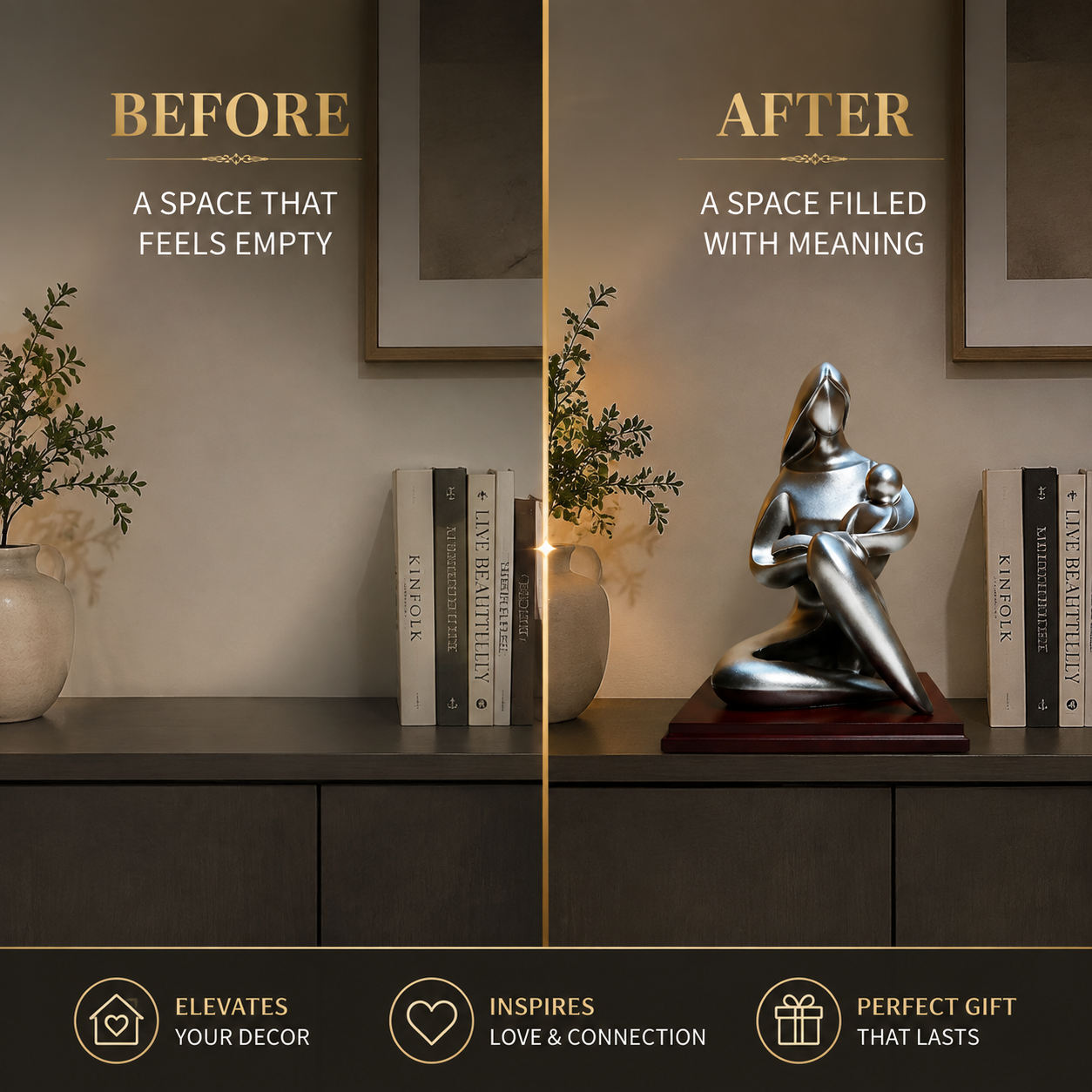Mother and Son Abstract Sculpture | Family Figurine Statue | Silver Character Ornament for Desk Shelf Living Room Decor