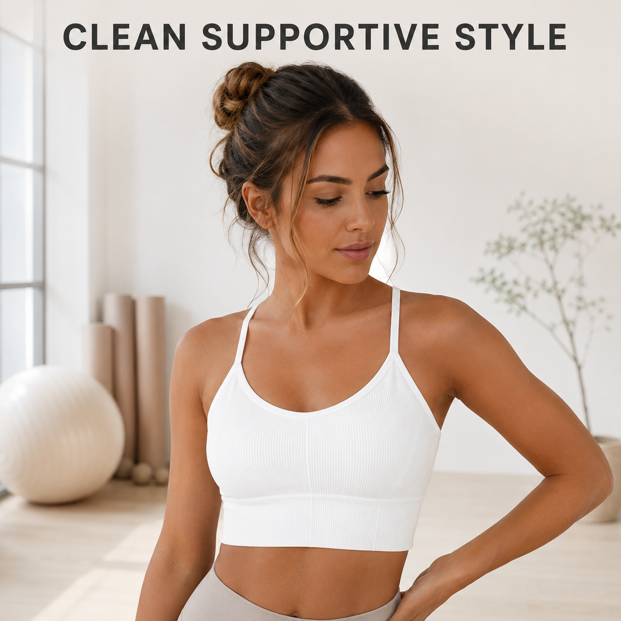 Women Cross Back Sports Bra | White Yoga Crop Top | Strappy Workout Bra | Ribbed Fitness Tank For Gym