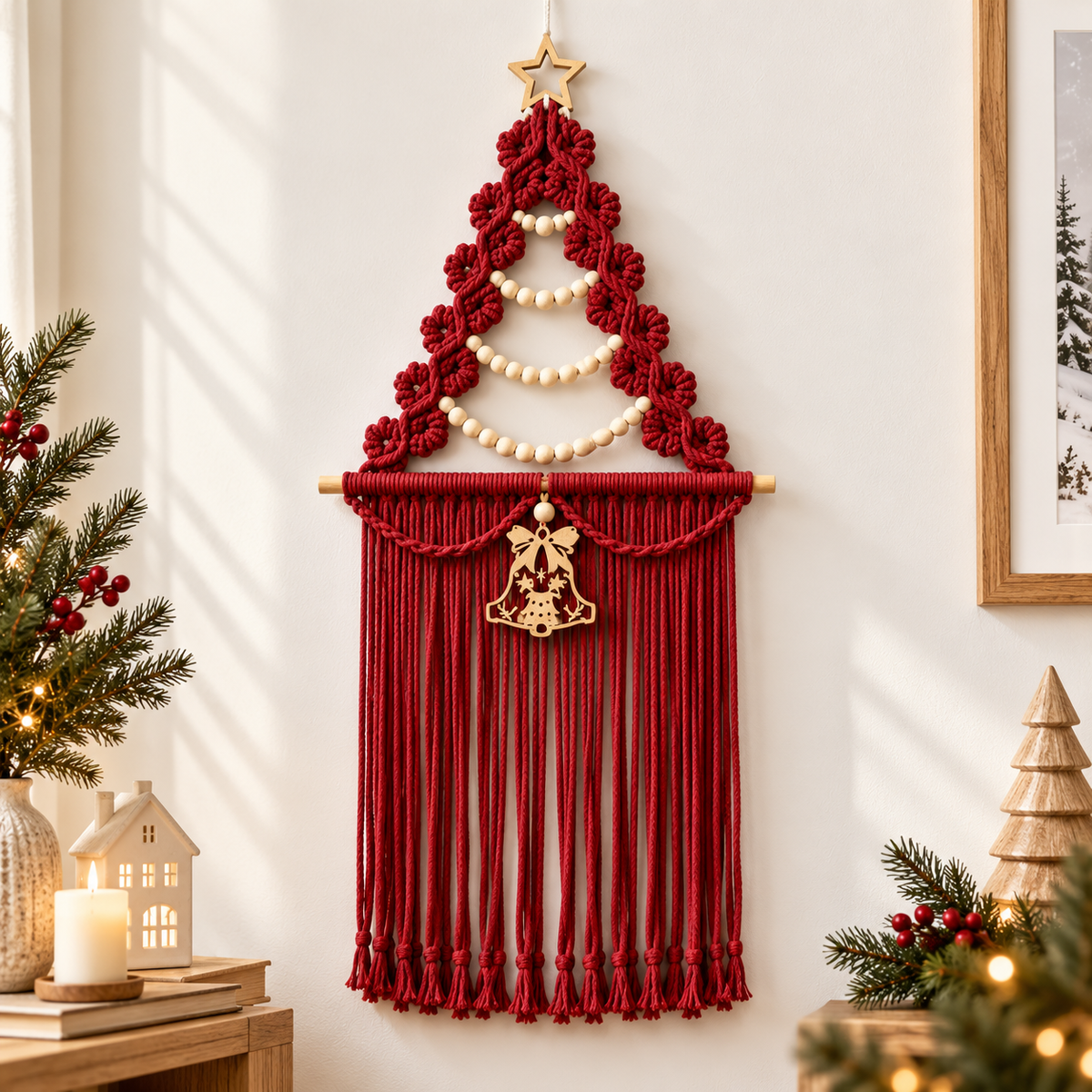 Christmas Tree Macrame Wall Hanging Woven Tapestry Holiday Decor Wood Beads Bell Bedroom Accent