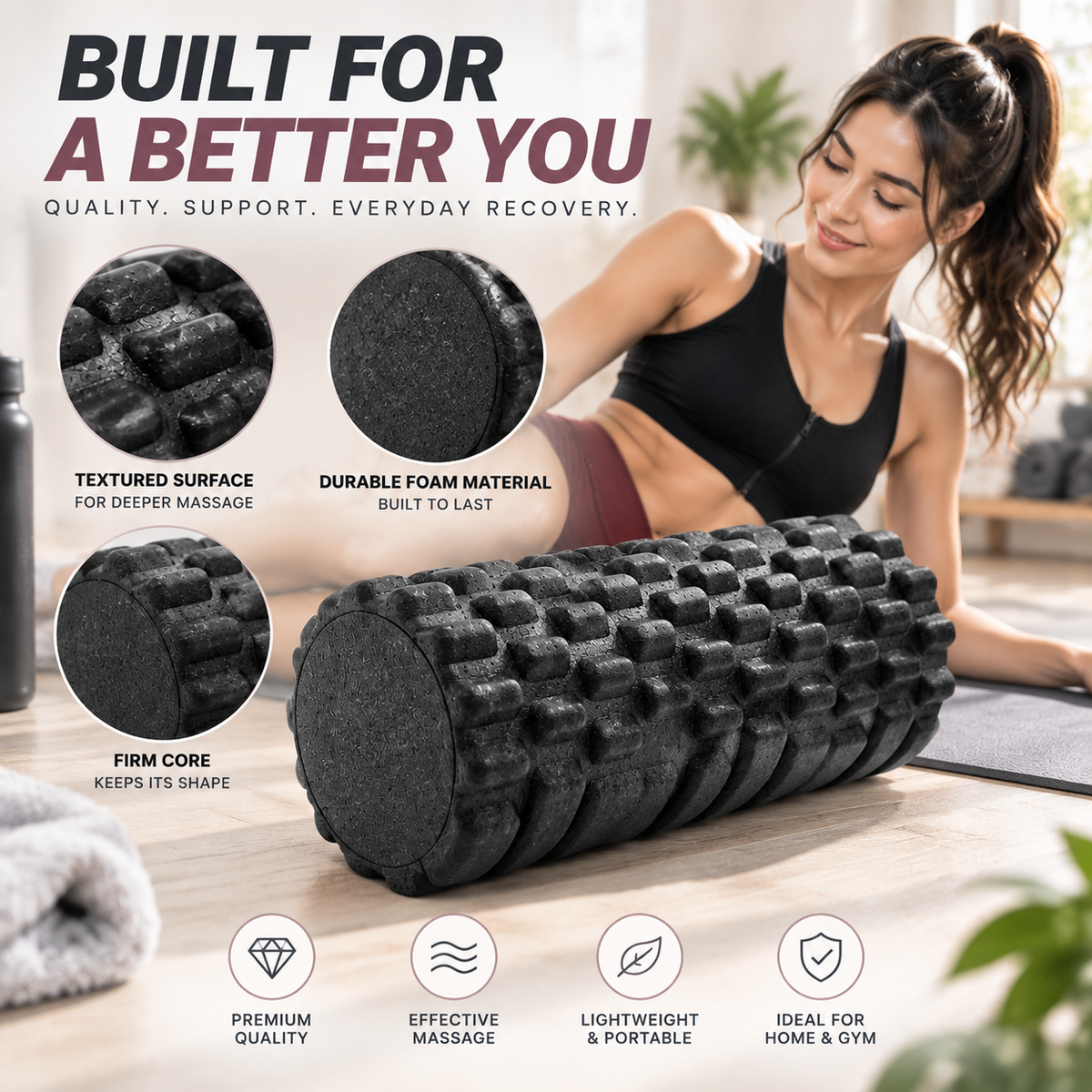 33cm Fitness Foam Roller | Textured Yoga Massage Roller | Pilates Recovery Exercise Tool | Muscle Massage Roller For Home Gym Workouts