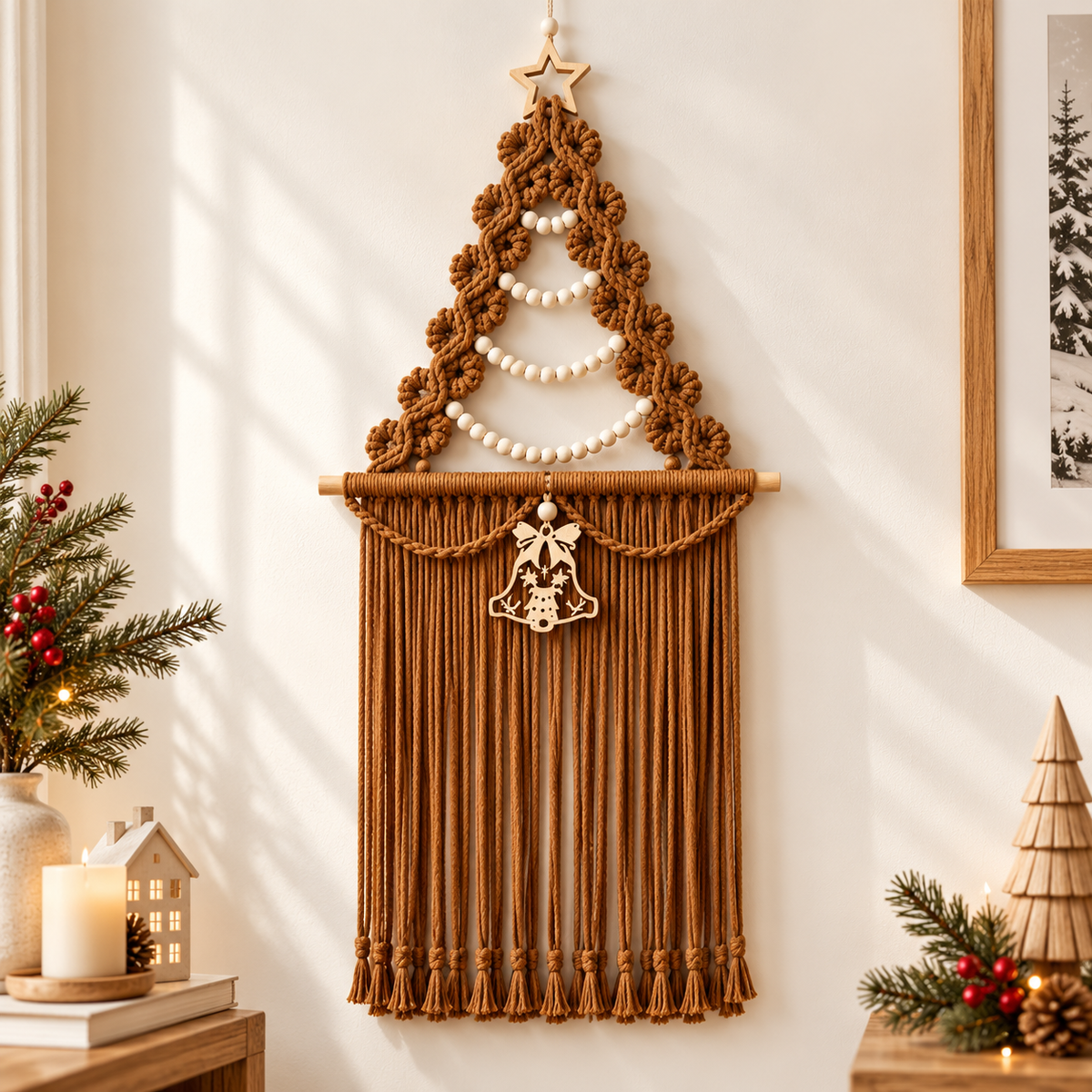 Christmas Tree Macrame Wall Hanging Woven Tapestry Holiday Decor Wood Beads Bell Bedroom Accent