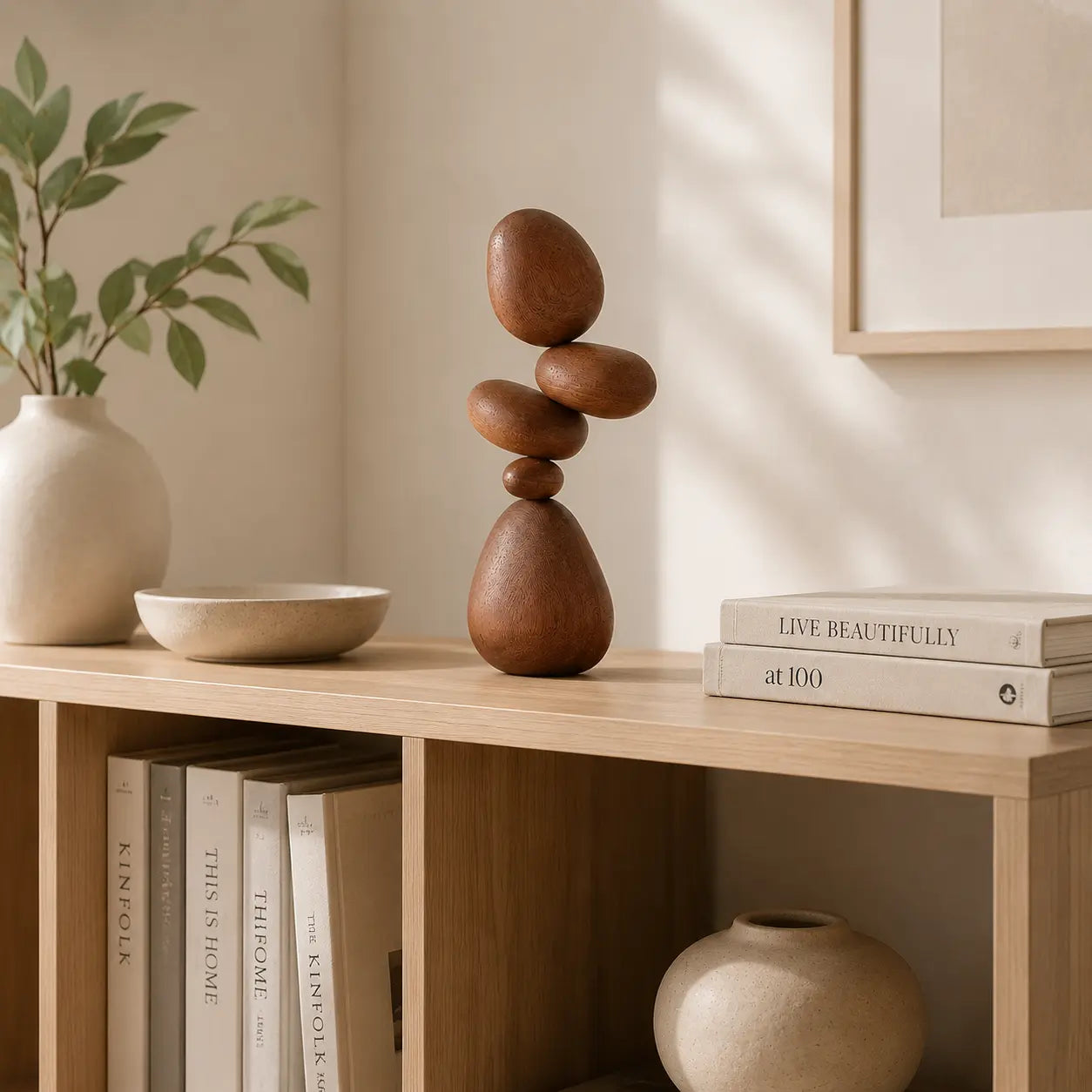 Wood Pebble Balance Sculpture | Minimalist Table Decor | Stacked Stone Art Ornament | Shelf Accent For Calm Spaces Jumartins