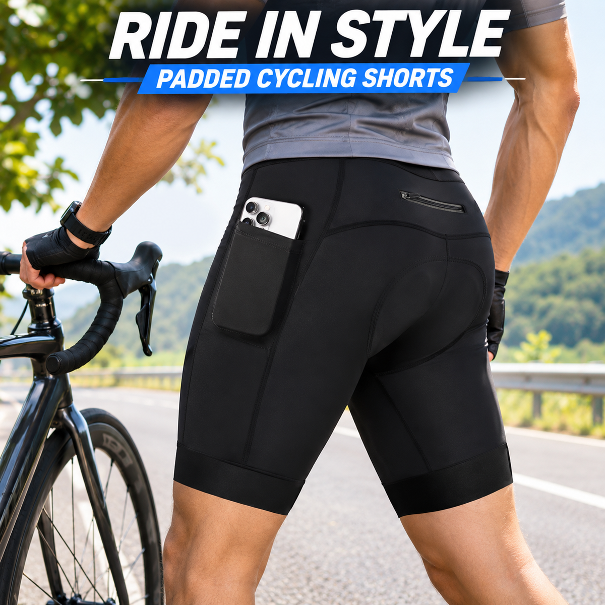 Men's Padded Cycling Shorts with Side Pockets, Breathable Quick Dry Bike Shorts for Road and Mountain Riding  Copy Title