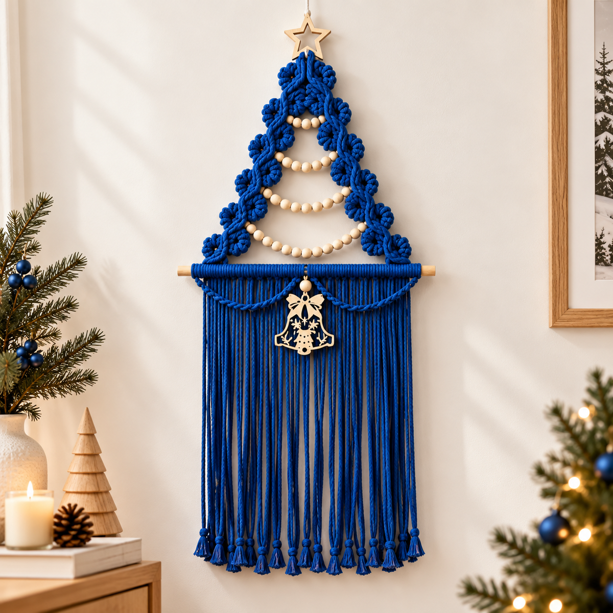Christmas Tree Macrame Wall Hanging Woven Tapestry Holiday Decor Wood Beads Bell Bedroom Accent