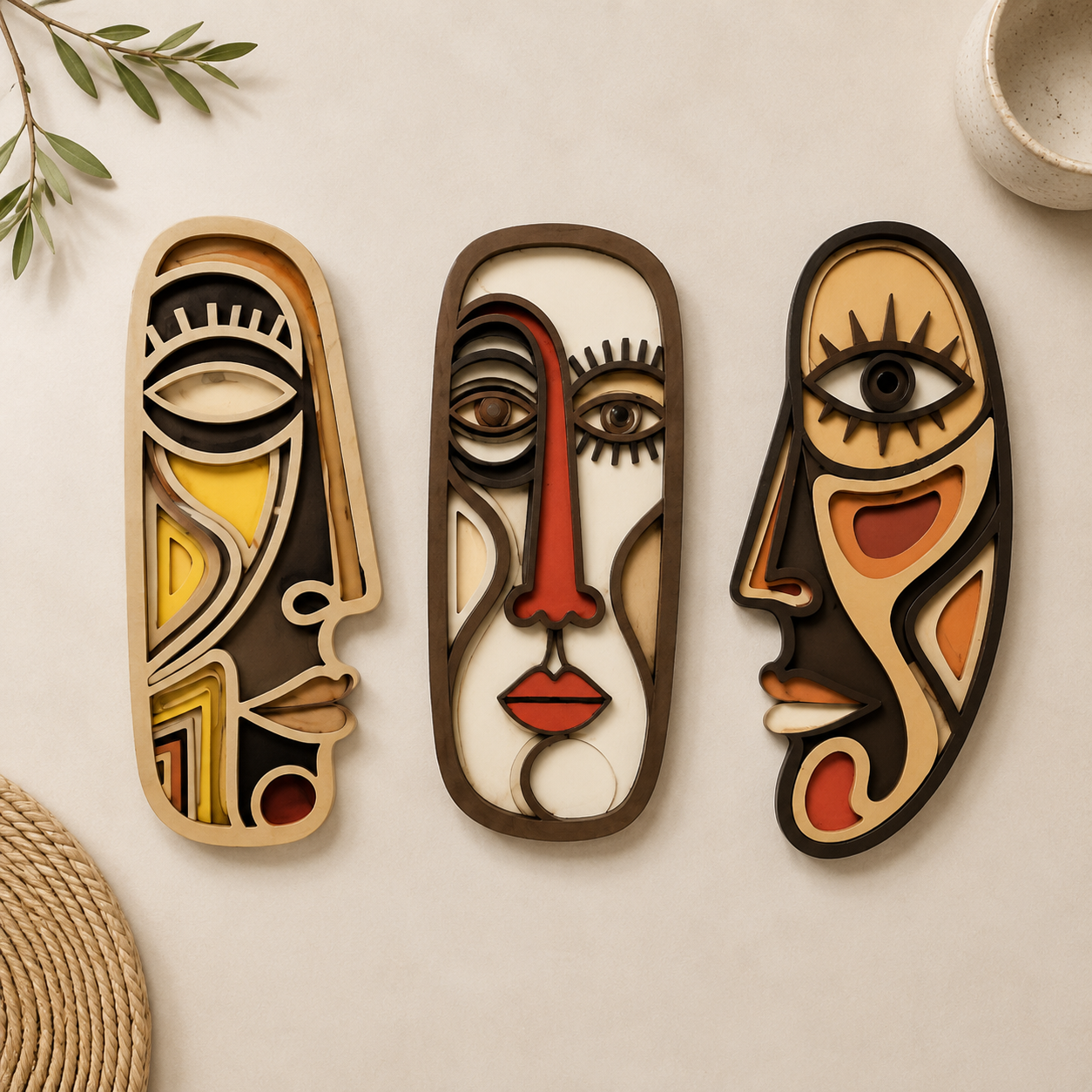 Abstract Face Wall Art Set | Minimalist Wooden Wall Decor | Bohemian Home Accent | Modern Room Decoration | Artistic Hanging Decor