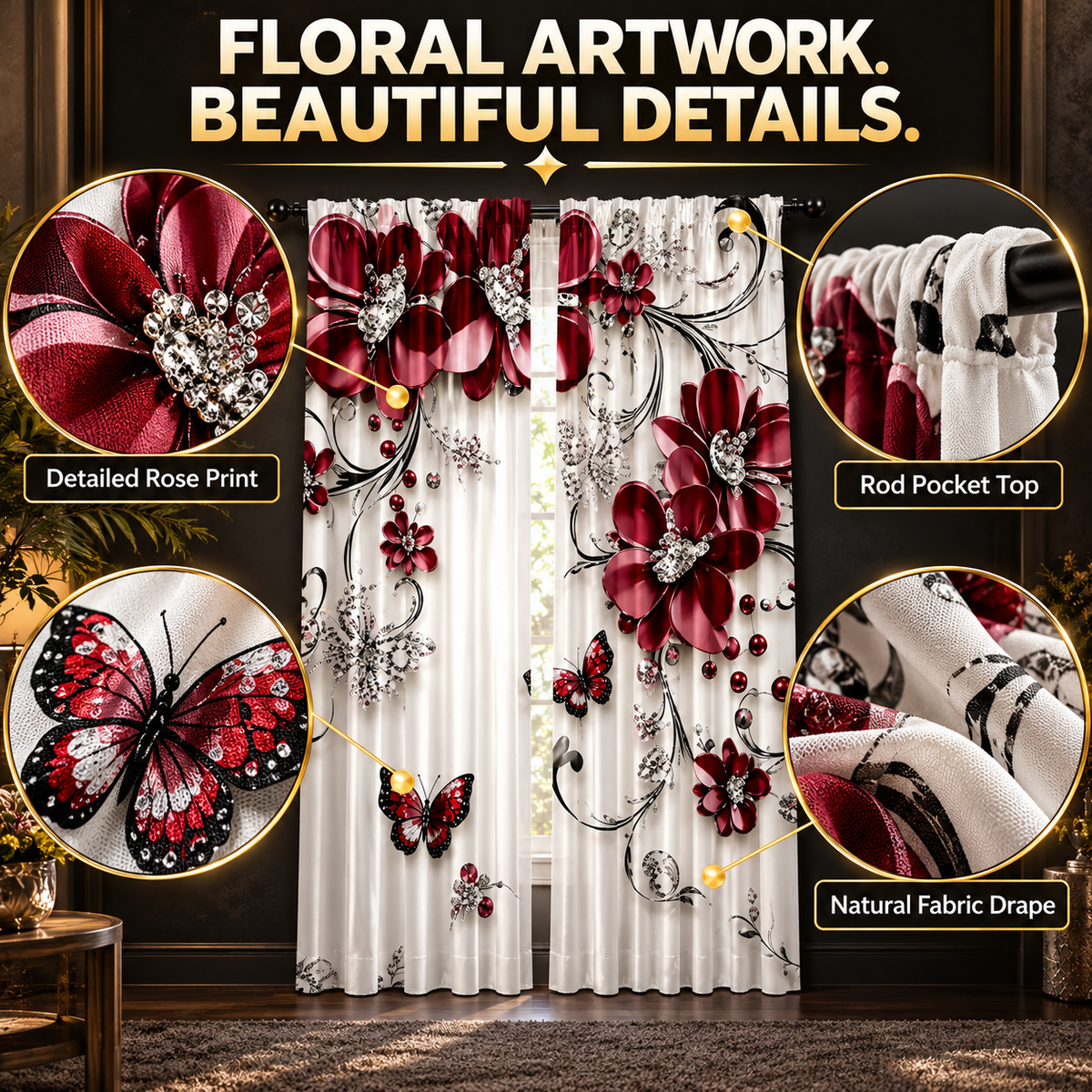 Floral Print Curtains | Rose Butterfly Window Drapes | Romantic Bedroom Living Room Decor | Sheer Rod Pocket Panels
