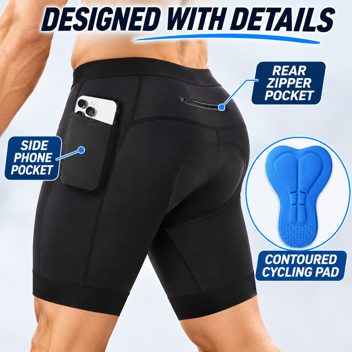 Men's Padded Cycling Shorts with Side Pockets, Breathable Quick Dry Bike Shorts for Road and Mountain Riding  Copy Title